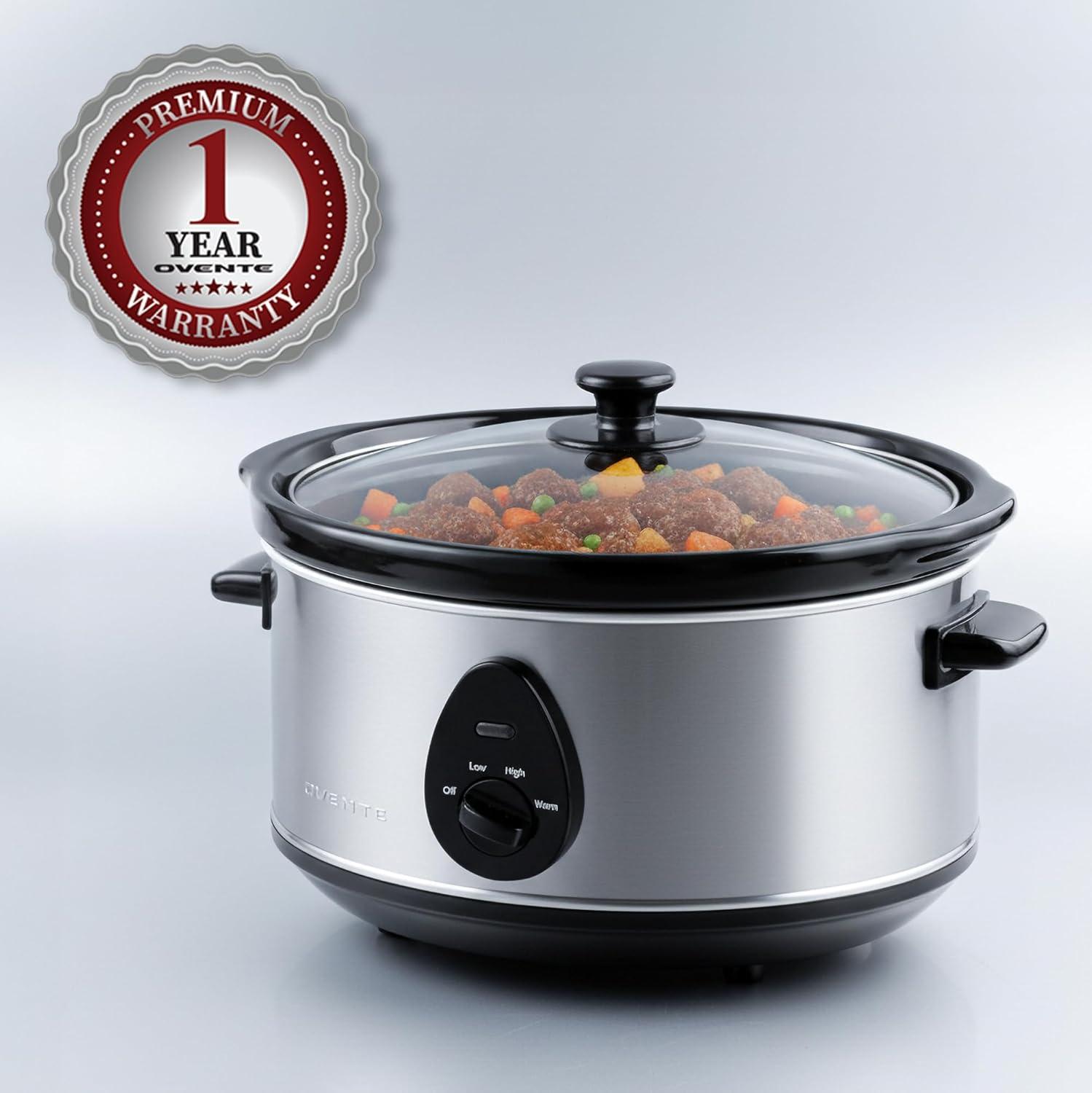 imageOVENTE Electric Slow Cooker with 3 Cooking Settings NonStick and Dishwasher Safe Stoneware Stainless Steel Body Glass Lid 37 Qt Oval Pot for Entrees Soups Sauces Stews amp Dips Silver SLO35ABRSLO35ABR