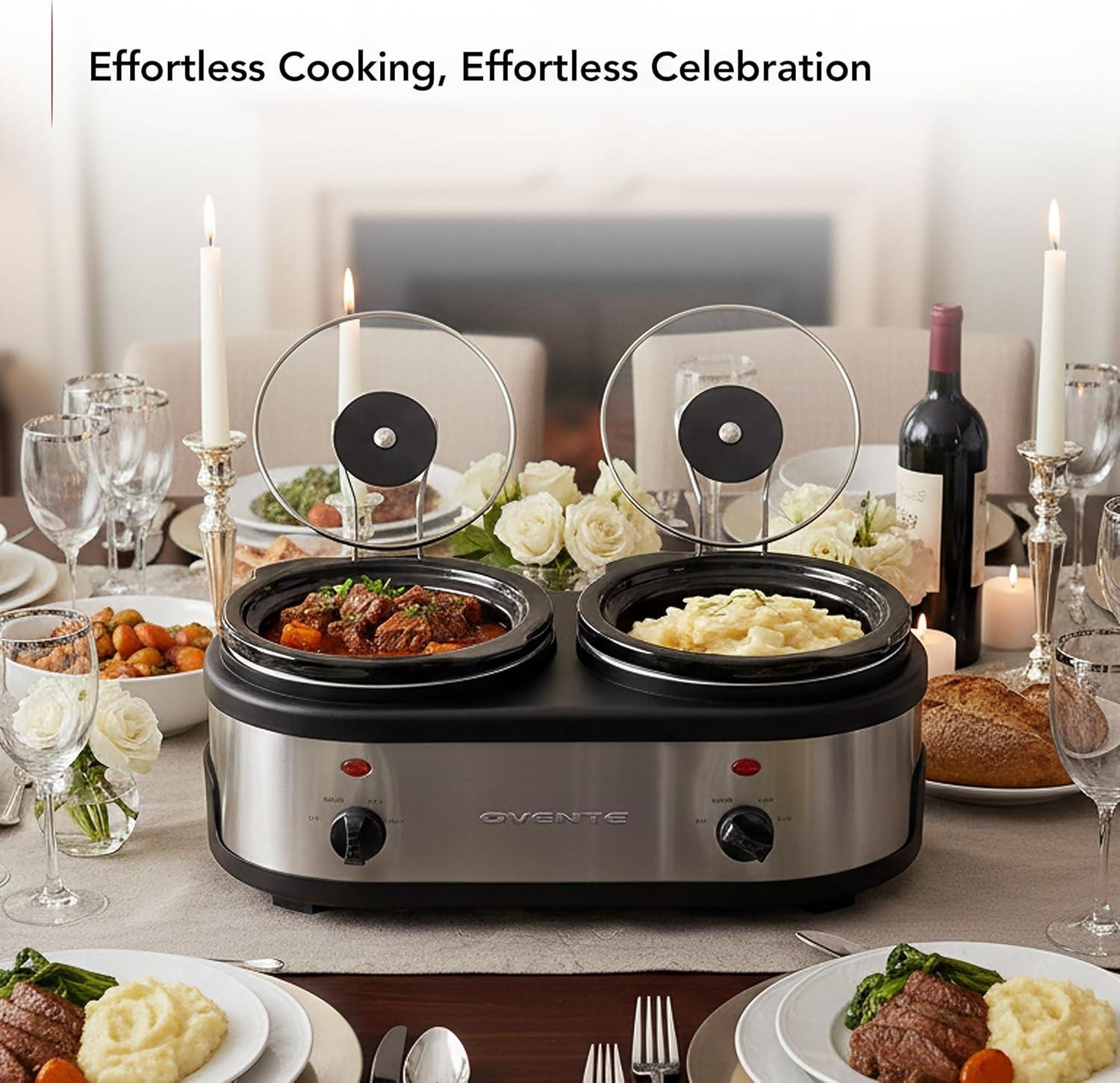 imageOVENTE Electric Slow Cooker with 3 Cooking Settings NonStick and Dishwasher Safe Stoneware Stainless Steel Body Glass Lid 37 Qt Oval Pot for Entrees Soups Sauces Stews amp Dips Silver SLO35ABRSLO215BR