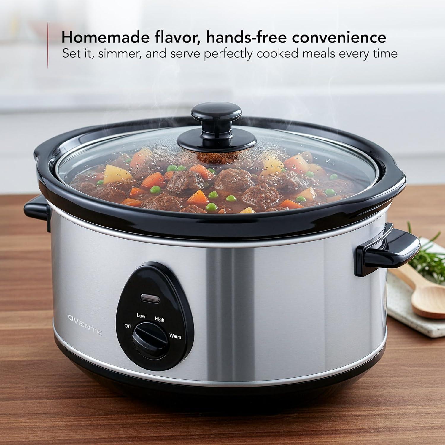 imageOVENTE Electric Slow Cooker with 3 Cooking Settings NonStick and Dishwasher Safe Stoneware Stainless Steel Body Glass Lid 37 Qt Oval Pot for Entrees Soups Sauces Stews amp Dips Silver SLO35ABRSLO35ABR