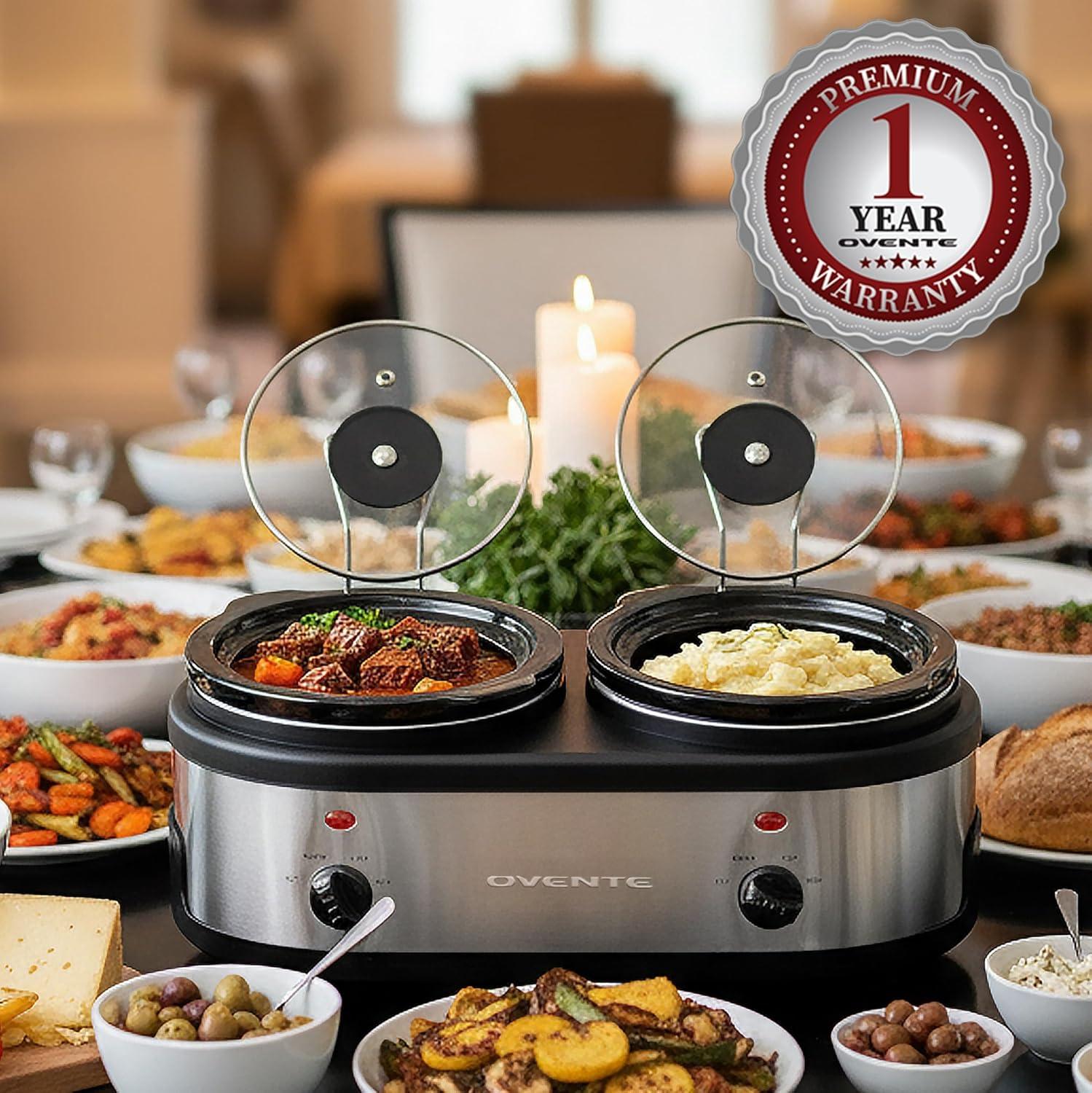imageOVENTE Electric Slow Cooker with 3 Cooking Settings NonStick and Dishwasher Safe Stoneware Stainless Steel Body Glass Lid 37 Qt Oval Pot for Entrees Soups Sauces Stews amp Dips Silver SLO35ABRSLO215BR