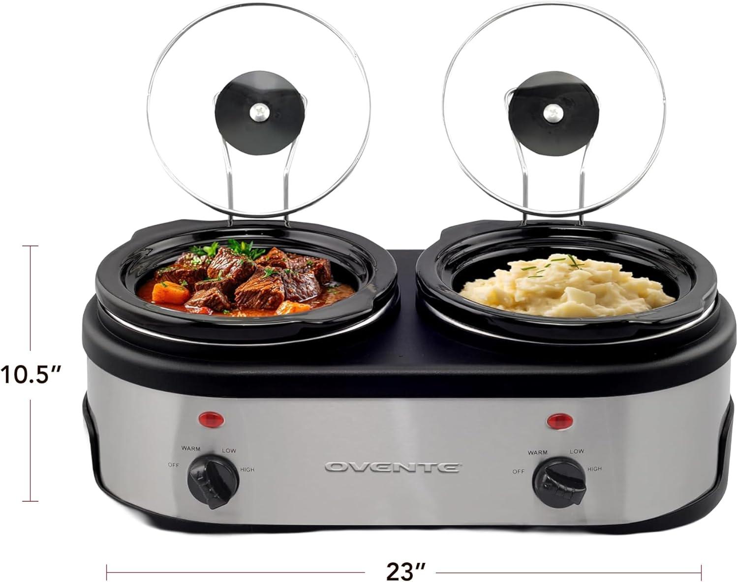 imageOVENTE Electric Slow Cooker with 3 Cooking Settings NonStick and Dishwasher Safe Stoneware Stainless Steel Body Glass Lid 37 Qt Oval Pot for Entrees Soups Sauces Stews amp Dips Silver SLO35ABRSLO215BR