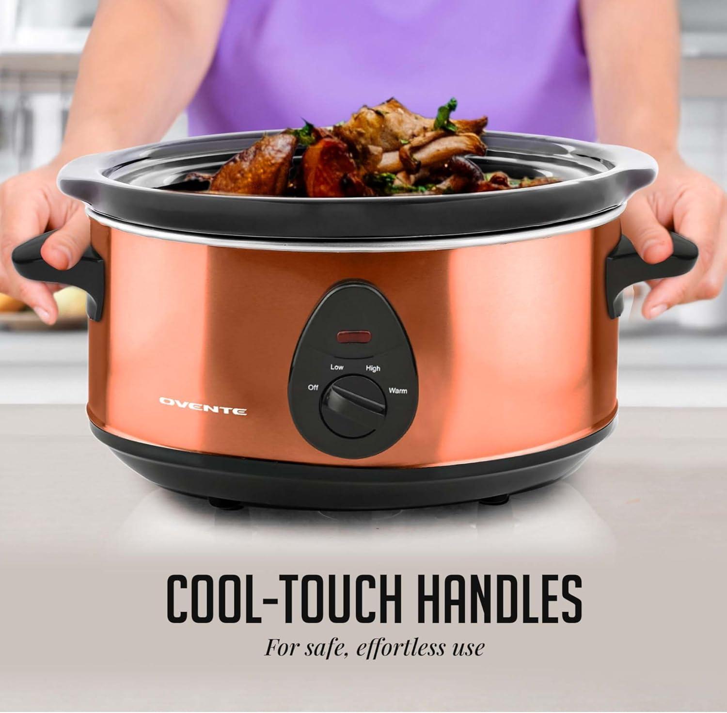 imageOVENTE Electric Slow Cooker with 3 Cooking Settings NonStick and Dishwasher Safe Stoneware Stainless Steel Body Glass Lid 37 Qt Oval Pot for Entrees Soups Sauces Stews amp Dips Silver SLO35ABRSLO35ACO
