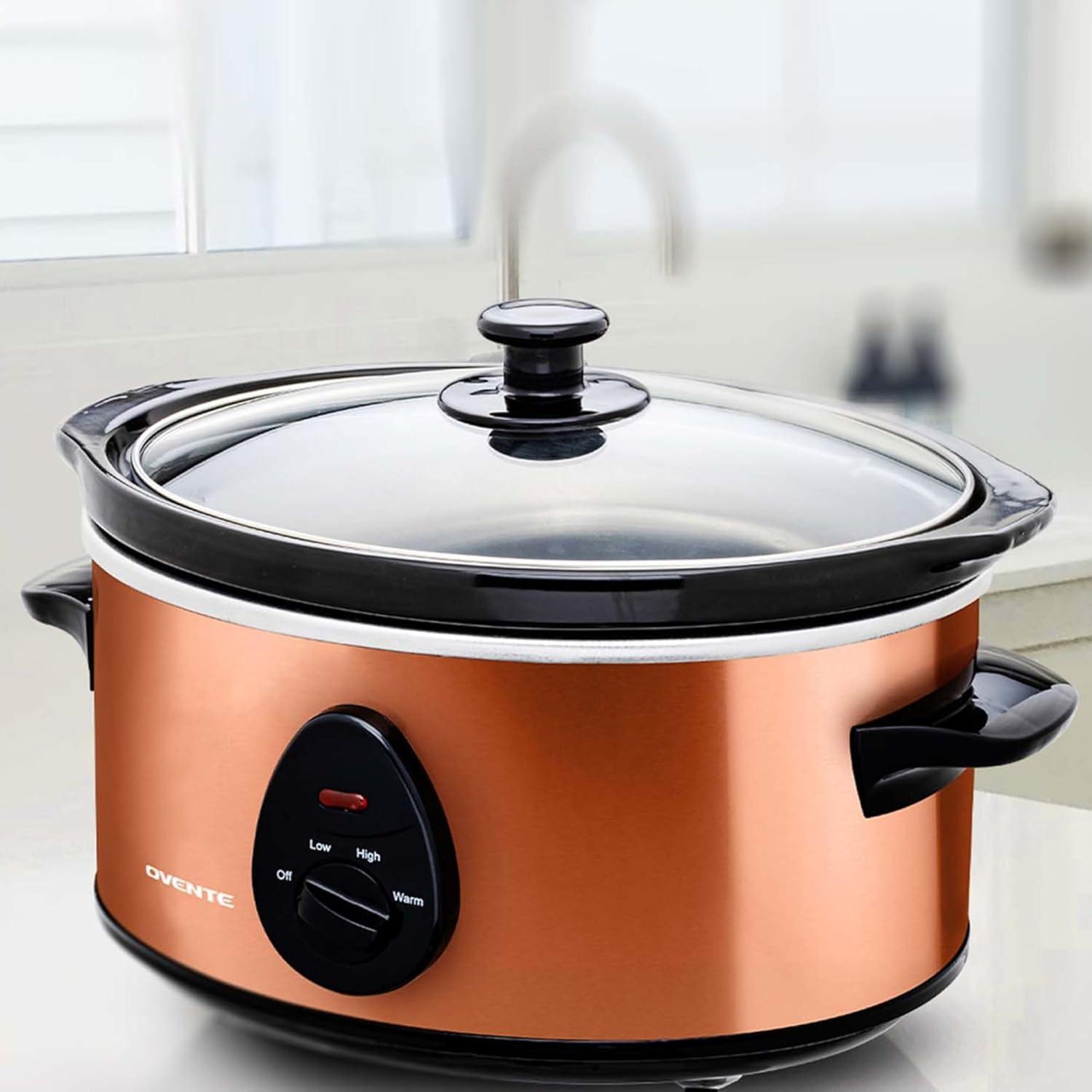imageOVENTE Electric Slow Cooker with 3 Cooking Settings NonStick and Dishwasher Safe Stoneware Stainless Steel Body Glass Lid 37 Qt Oval Pot for Entrees Soups Sauces Stews amp Dips Silver SLO35ABRSLO35ACO