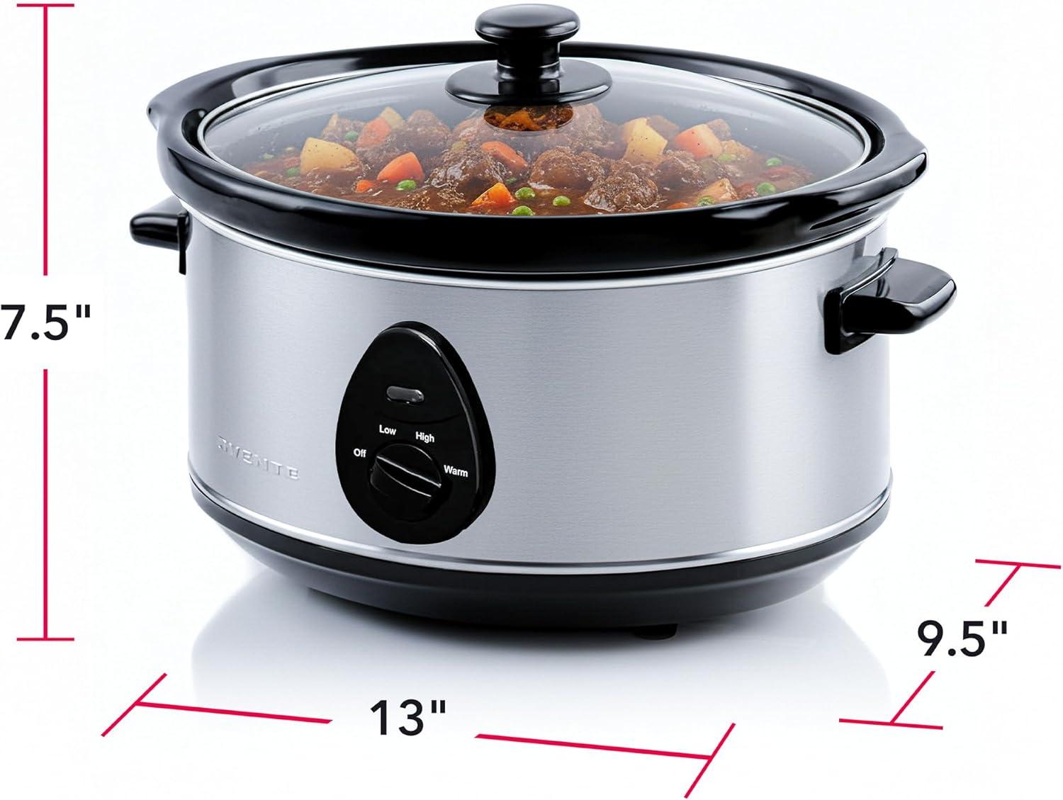 imageOVENTE Electric Slow Cooker with 3 Cooking Settings NonStick and Dishwasher Safe Stoneware Stainless Steel Body Glass Lid 37 Qt Oval Pot for Entrees Soups Sauces Stews amp Dips Silver SLO35ABRSLO35ABR