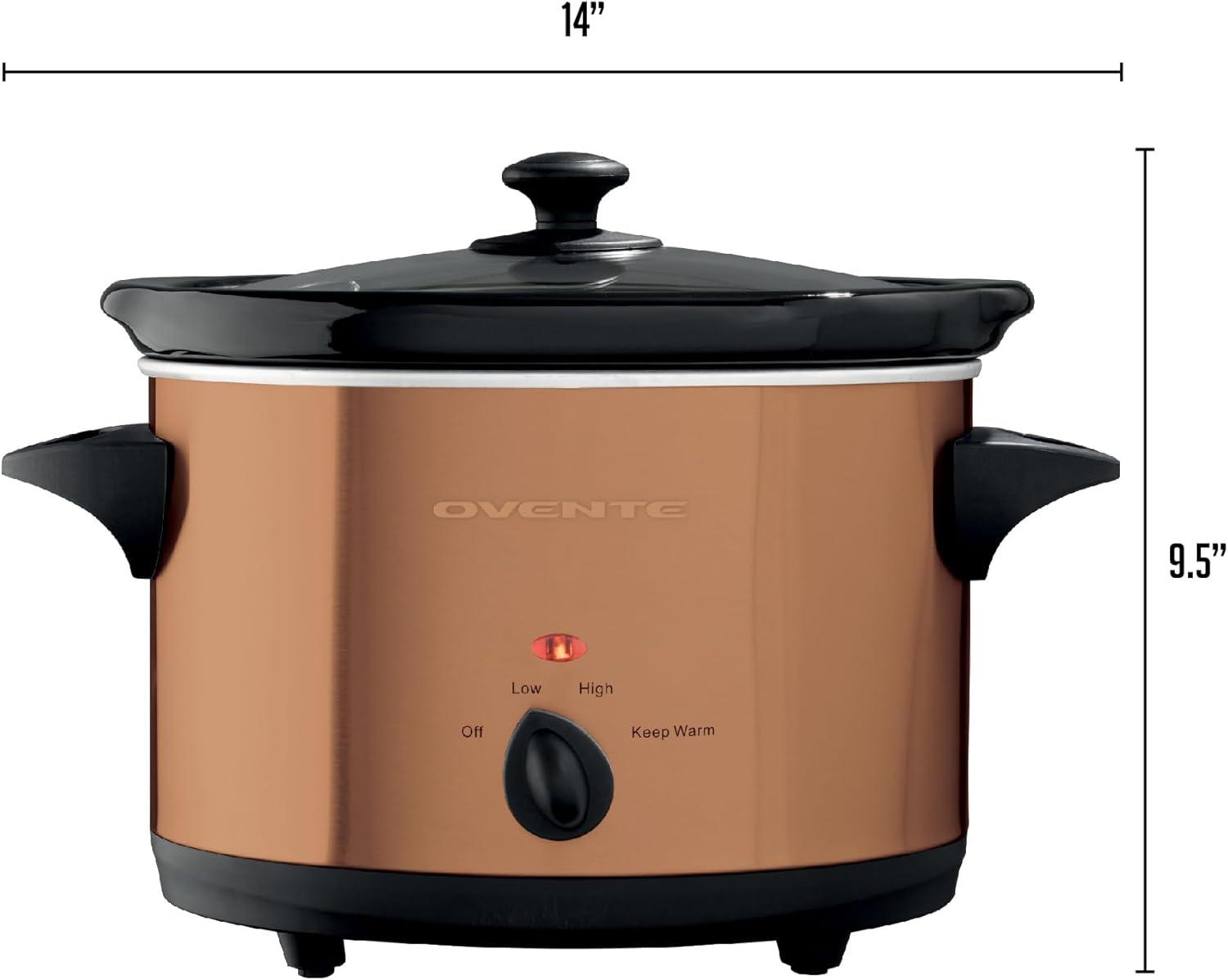 imageOVENTE Electric Slow Cooker with 3 Cooking Settings NonStick and Dishwasher Safe Stoneware Stainless Steel Body Glass Lid 37 Qt Oval Pot for Entrees Soups Sauces Stews amp Dips Silver SLO35ABRSLO40ACO