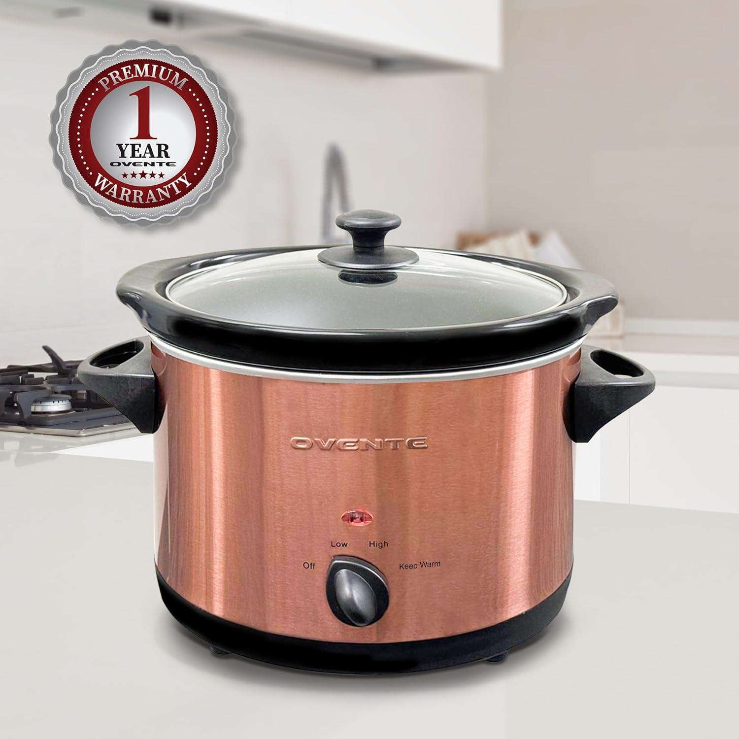 imageOVENTE Electric Slow Cooker with 3 Cooking Settings NonStick and Dishwasher Safe Stoneware Stainless Steel Body Glass Lid 37 Qt Oval Pot for Entrees Soups Sauces Stews amp Dips Silver SLO35ABRSLO40ACO