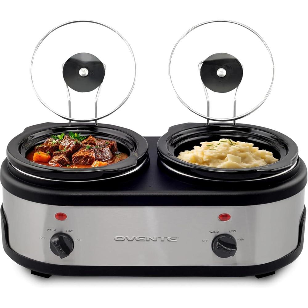 imageOVENTE Electric Slow Cooker with 3 Cooking Settings NonStick and Dishwasher Safe Stoneware Stainless Steel Body Glass Lid 37 Qt Oval Pot for Entrees Soups Sauces Stews amp Dips Silver SLO35ABRSLO215BR