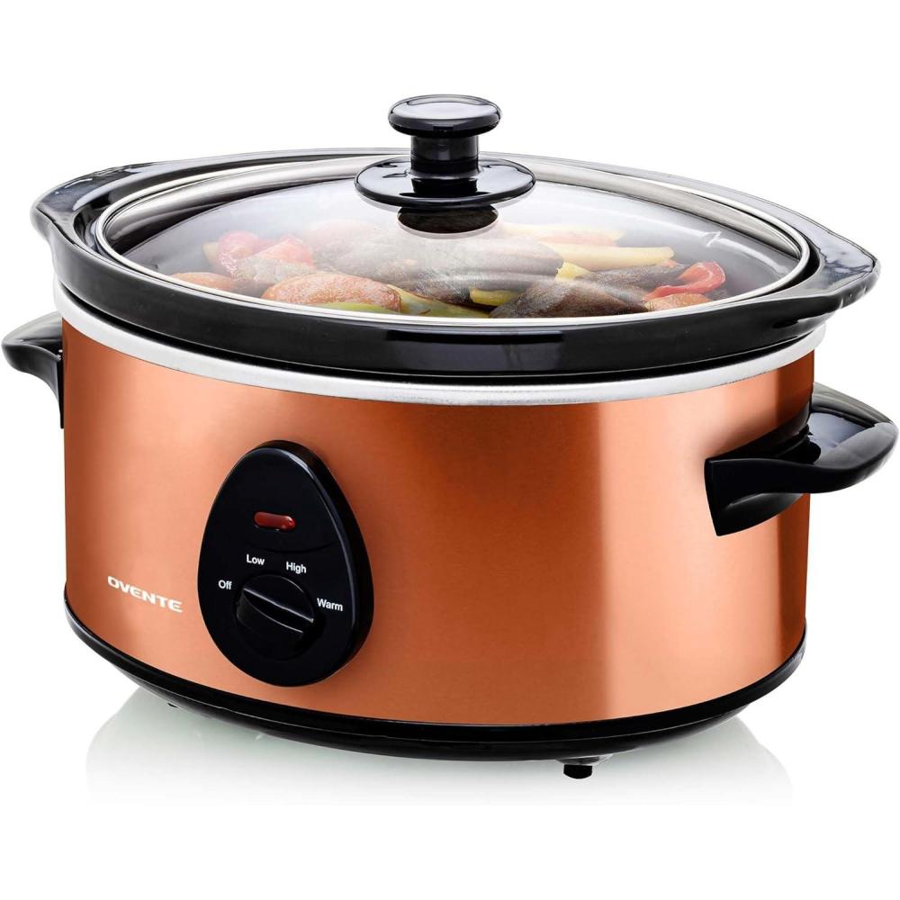 imageOVENTE Electric Slow Cooker with 3 Cooking Settings NonStick and Dishwasher Safe Stoneware Stainless Steel Body Glass Lid 37 Qt Oval Pot for Entrees Soups Sauces Stews amp Dips Silver SLO35ABRSLO35ACO