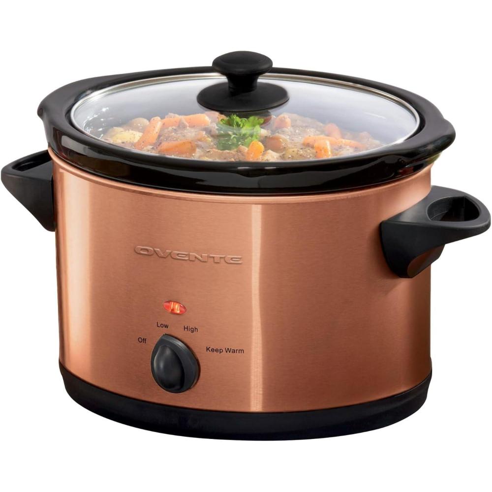 imageOVENTE Electric Slow Cooker with 3 Cooking Settings NonStick and Dishwasher Safe Stoneware Stainless Steel Body Glass Lid 37 Qt Oval Pot for Entrees Soups Sauces Stews amp Dips Silver SLO35ABRSLO40ACO