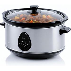 OVENTE Electric Slow Cooker with 3 Cooking Settings, Non-Stick and Dishwasher Safe Stoneware, Stainless Steel Body, Glass Lid, 3.7 Qt Oval Pot for Entrees, Soups, Sauces, Stews & Dips, Silver SLO35ABR(SLO35ABR)