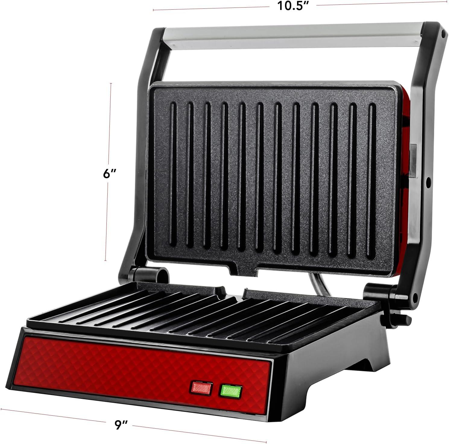 imageOVENTE Electric Indoor Panini Press Grill and Sandwich Maker with NonStick Coated Plates CoolTouch Handle and Removable Drip Tray Opens 180 Degrees to Fit Any Type or Size of Food Red GP0620RGP0620R