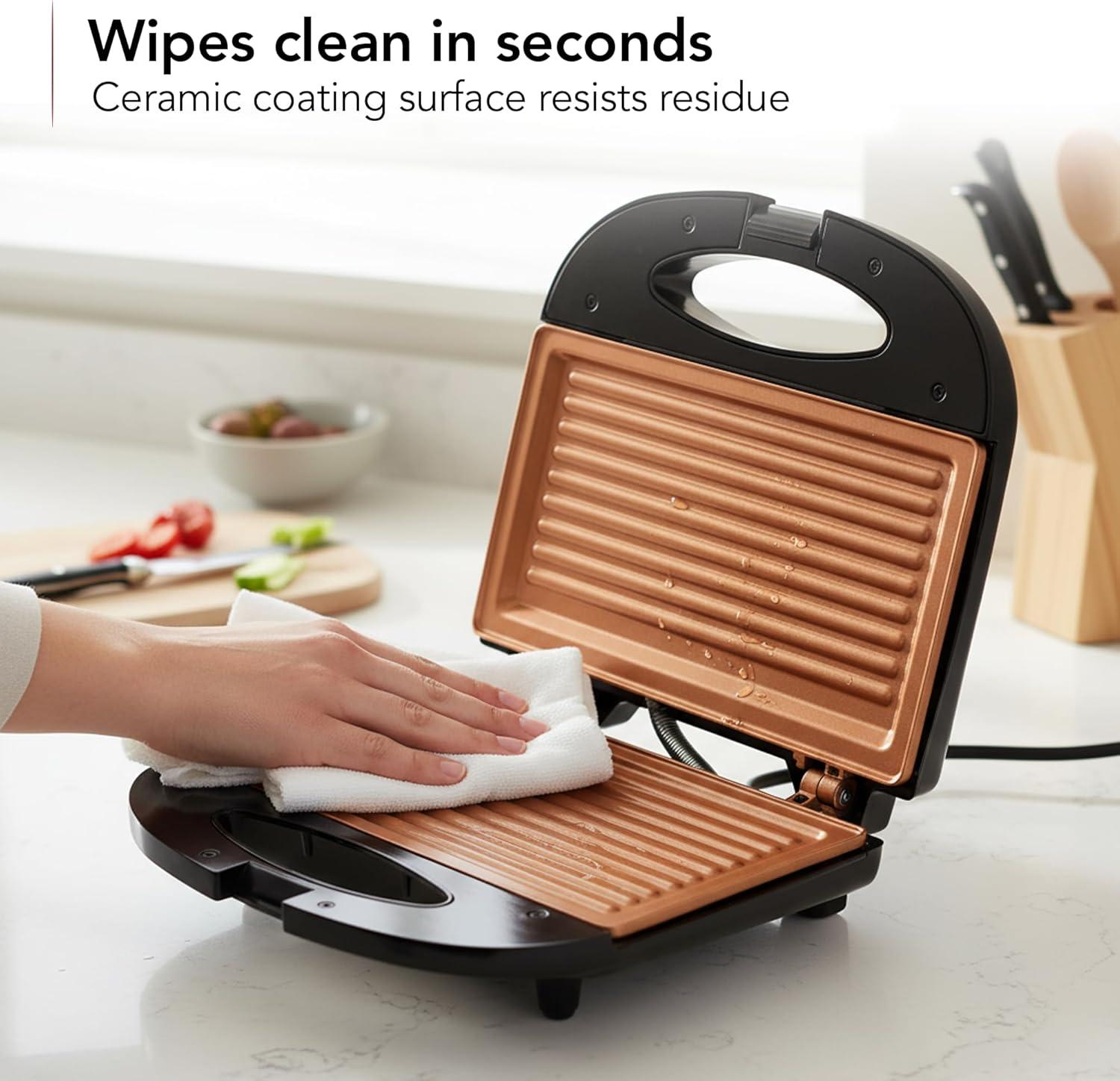 imageOVENTE Electric Indoor Panini Press Grill and Sandwich Maker with NonStick Coated Plates CoolTouch Handle and Removable Drip Tray Opens 180 Degrees to Fit Any Type or Size of Food Red GP0620RGP0110CO