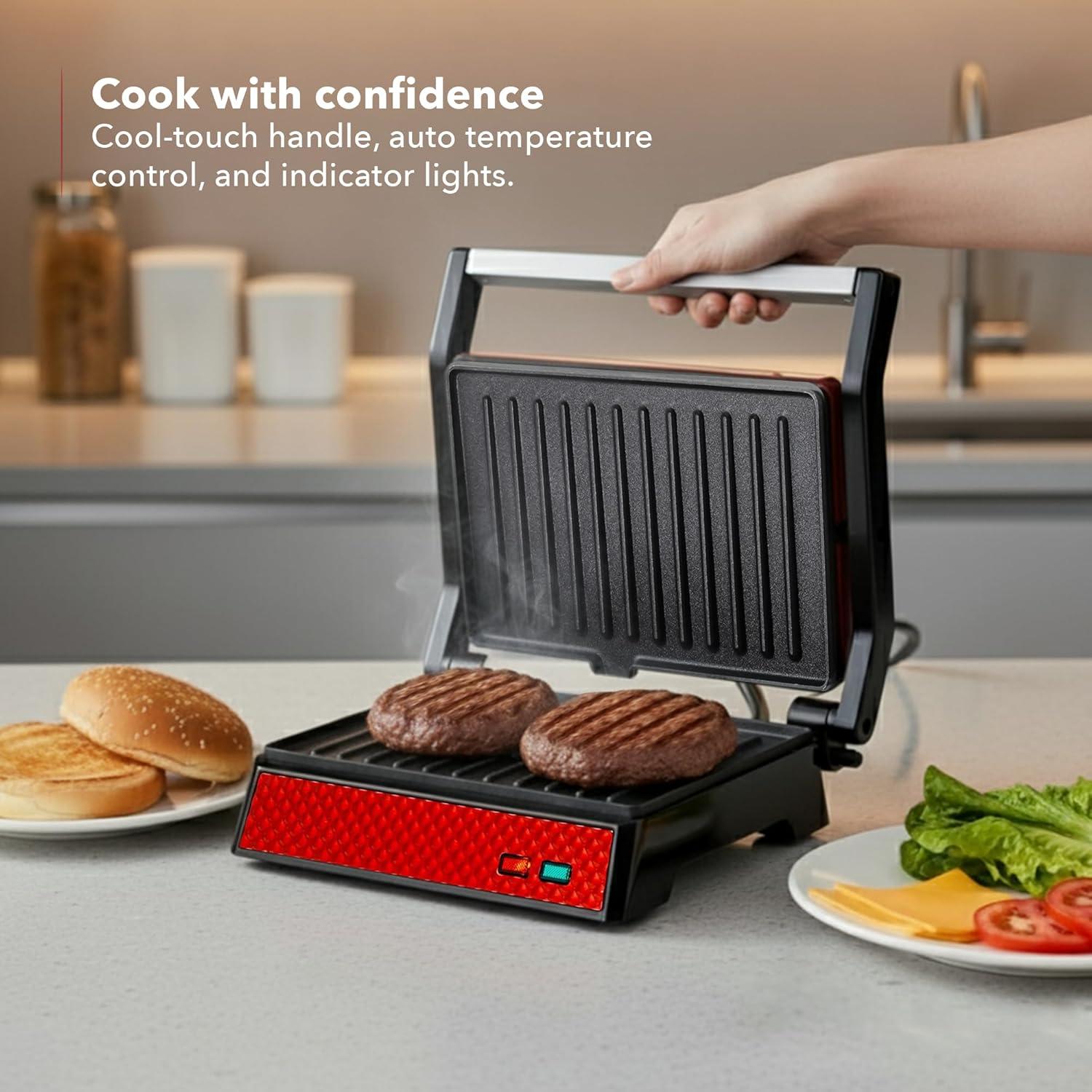 imageOVENTE Electric Indoor Panini Press Grill and Sandwich Maker with NonStick Coated Plates CoolTouch Handle and Removable Drip Tray Opens 180 Degrees to Fit Any Type or Size of Food Red GP0620RGP0620R