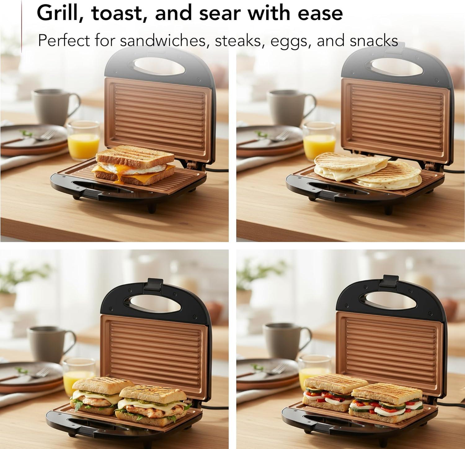 imageOVENTE Electric Indoor Panini Press Grill and Sandwich Maker with NonStick Coated Plates CoolTouch Handle and Removable Drip Tray Opens 180 Degrees to Fit Any Type or Size of Food Red GP0620RGP0110CO