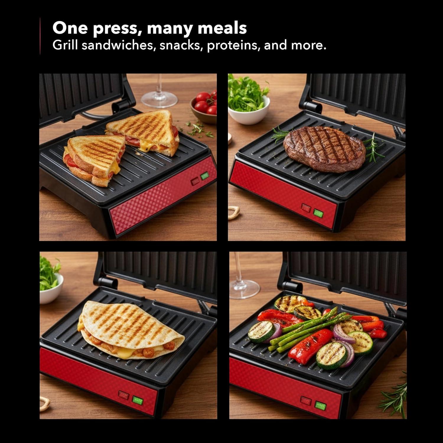 imageOVENTE Electric Indoor Panini Press Grill and Sandwich Maker with NonStick Coated Plates CoolTouch Handle and Removable Drip Tray Opens 180 Degrees to Fit Any Type or Size of Food Red GP0620RGP0620R