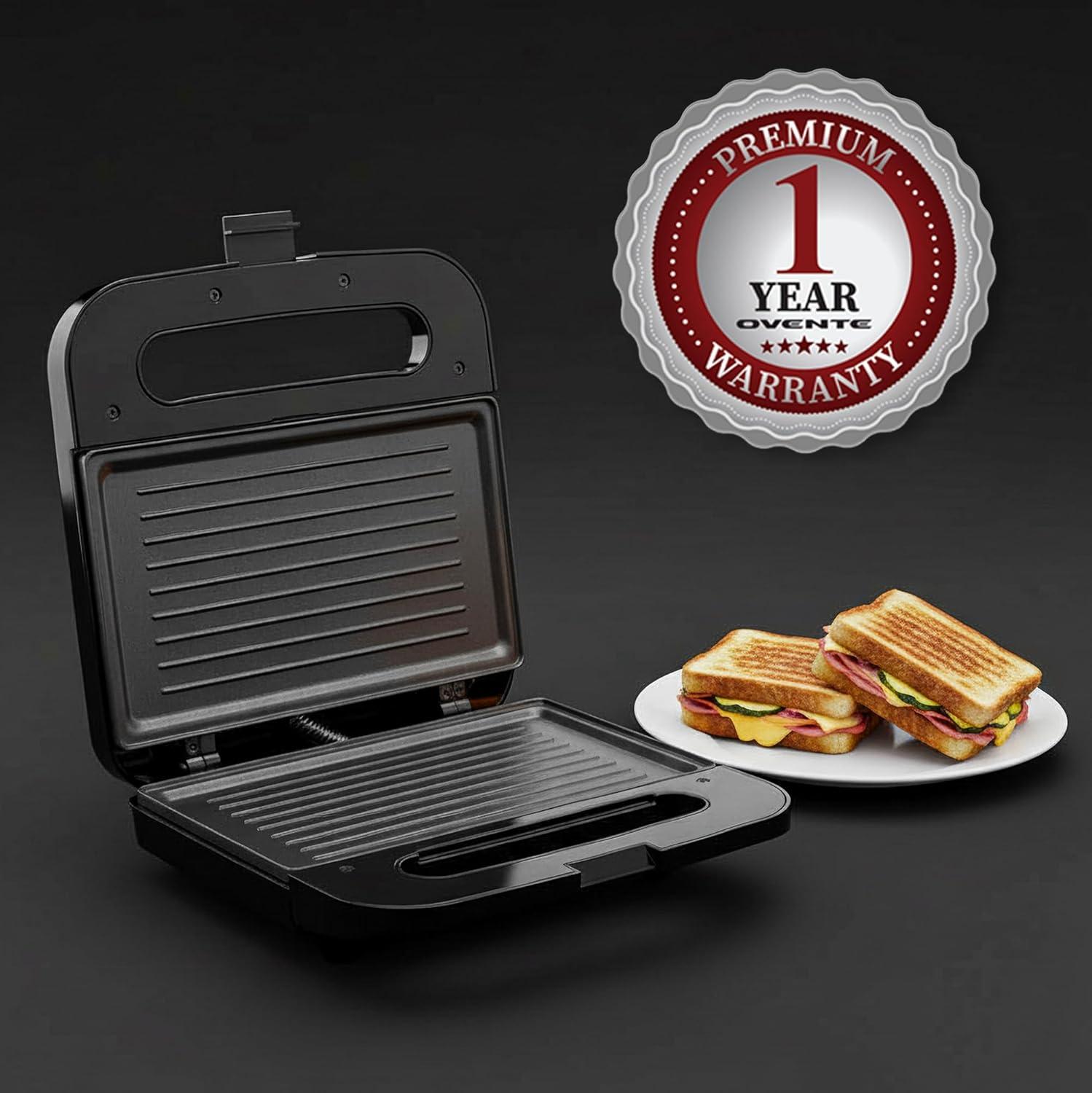 imageOVENTE Electric Indoor Panini Press Grill and Sandwich Maker with NonStick Coated Plates CoolTouch Handle and Removable Drip Tray Opens 180 Degrees to Fit Any Type or Size of Food Red GP0620RGP0401B