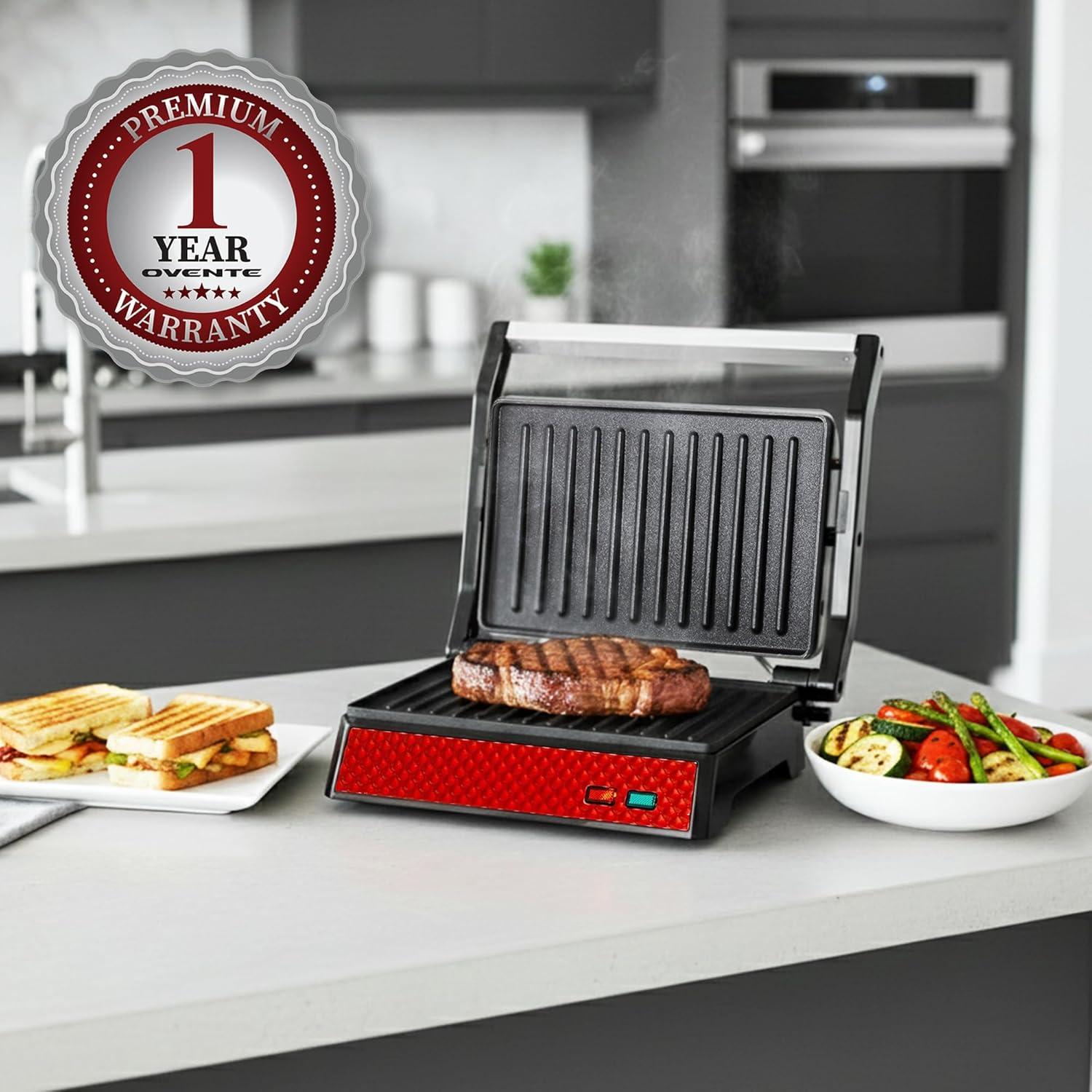 imageOVENTE Electric Indoor Panini Press Grill and Sandwich Maker with NonStick Coated Plates CoolTouch Handle and Removable Drip Tray Opens 180 Degrees to Fit Any Type or Size of Food Red GP0620RGP0620R