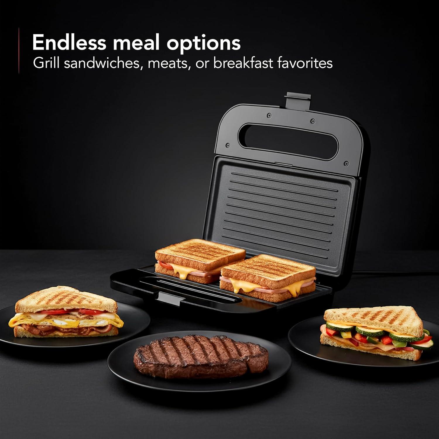 imageOVENTE Electric Indoor Panini Press Grill and Sandwich Maker with NonStick Coated Plates CoolTouch Handle and Removable Drip Tray Opens 180 Degrees to Fit Any Type or Size of Food Red GP0620RGP0401B
