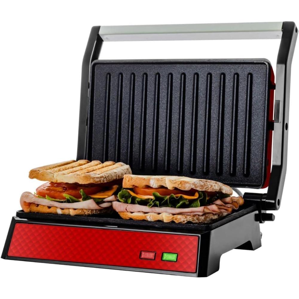 imageOVENTE Electric Indoor Panini Press Grill and Sandwich Maker with NonStick Coated Plates CoolTouch Handle and Removable Drip Tray Opens 180 Degrees to Fit Any Type or Size of Food Red GP0620RGP0620R