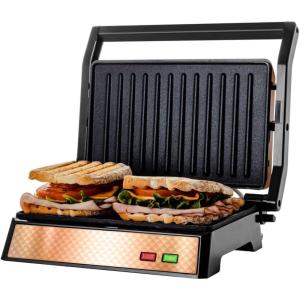 OVENTE Electric Indoor Panini Press Grill and Sandwich Maker with Non-Stick Coated Plates, Cool-Touch Handle and Removable Drip Tray, Opens 180 Degrees to Fit Any Type or Size of Food, Red GP0620R(GP0620CO)
