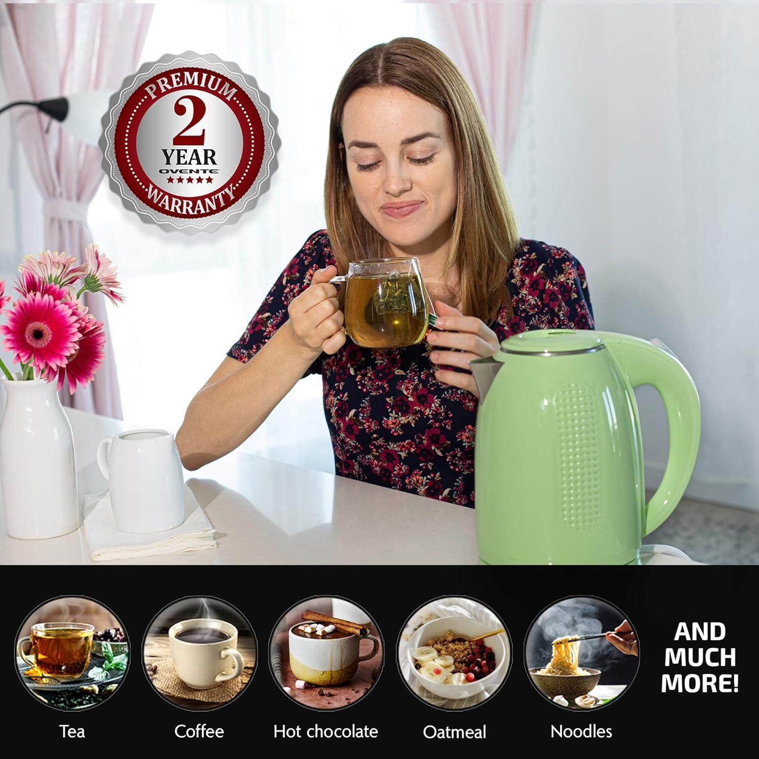 imageOVENTE 17L Double Wall Electric Tea Kettle 1100W Water Boiler and Heater with CoolTouch Exterior Stainless Steel Insulated Interior Auto ShutOff BoilDry Protection amp Locking Lid Green KD64G