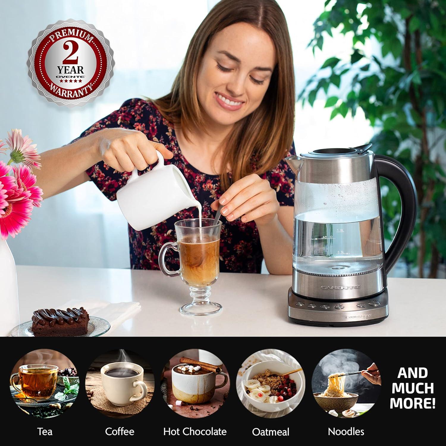 imageOVENTE 17L Electric Tea Kettle with Removable Infuser Variable Temperature Control Keep Warm Function 1500W Fast Heating Water Boiler BPA Free Borosilicate Glass amp Easy to Fill Lid Silver KG733SSilver