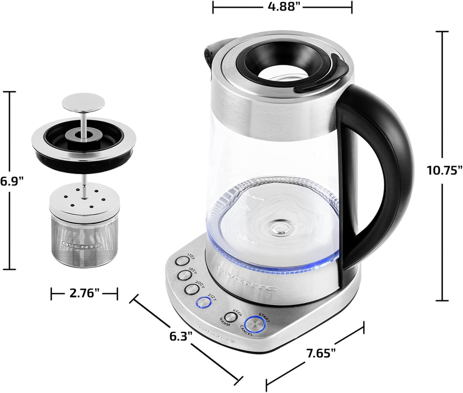 imageOVENTE 17L Electric Tea Kettle with Removable Infuser Variable Temperature Control Keep Warm Function 1500W Fast Heating Water Boiler BPA Free Borosilicate Glass amp Easy to Fill Lid Silver KG733SSilver Teapot