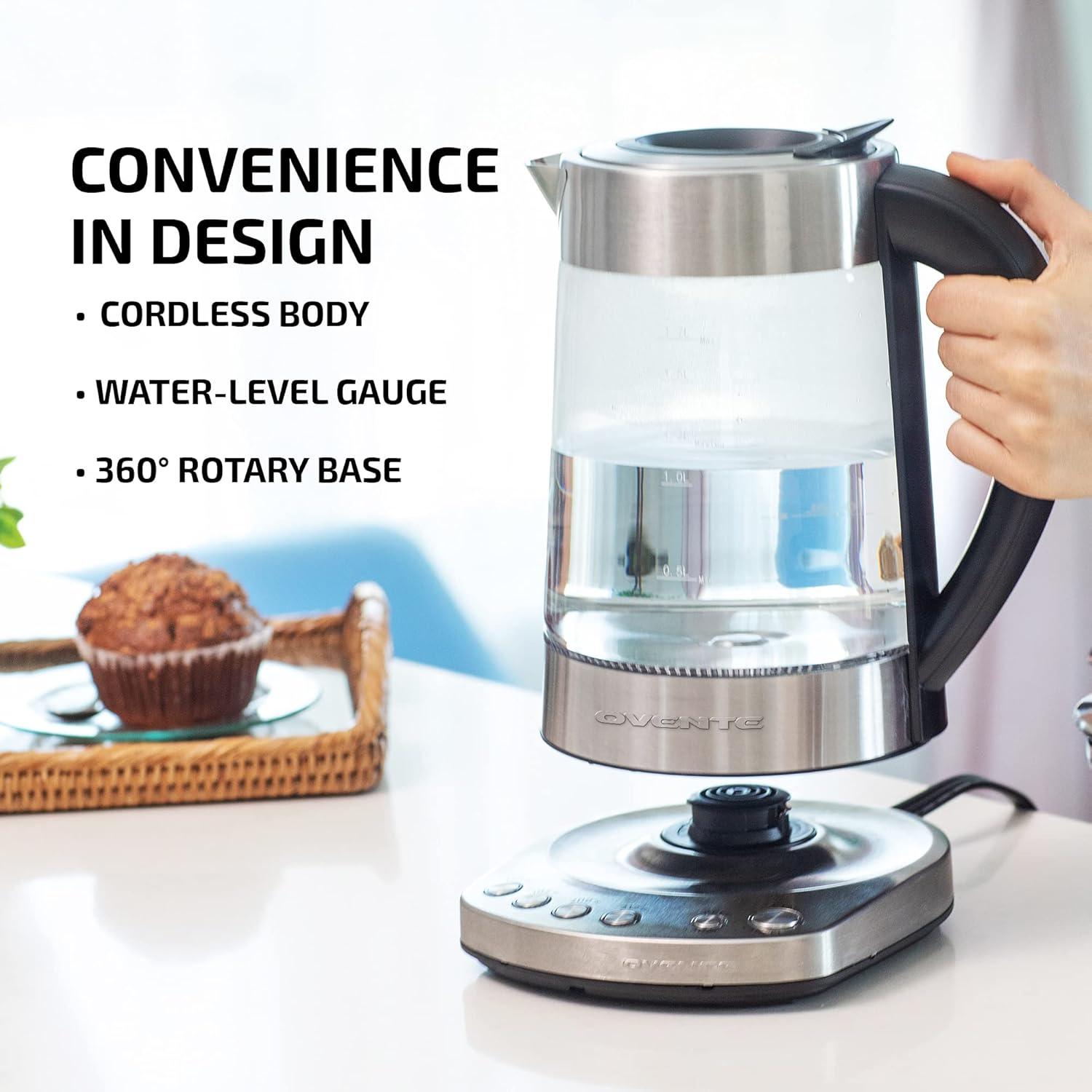 imageOVENTE 17L Electric Tea Kettle with Removable Infuser Variable Temperature Control Keep Warm Function 1500W Fast Heating Water Boiler BPA Free Borosilicate Glass amp Easy to Fill Lid Silver KG733SSilver