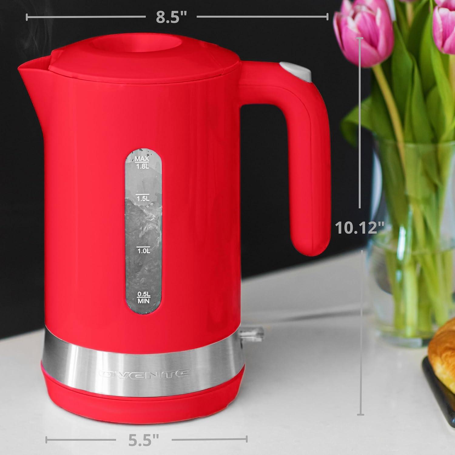 imageOVENTE 18L Electric Kettle 1500W Fast Boiling Heater for Coffee or Tea BPA Free Easy to Fill Lid Water Level Window Auto ShutOff BoilDry Protection and Removable Filter Green KP413GRed