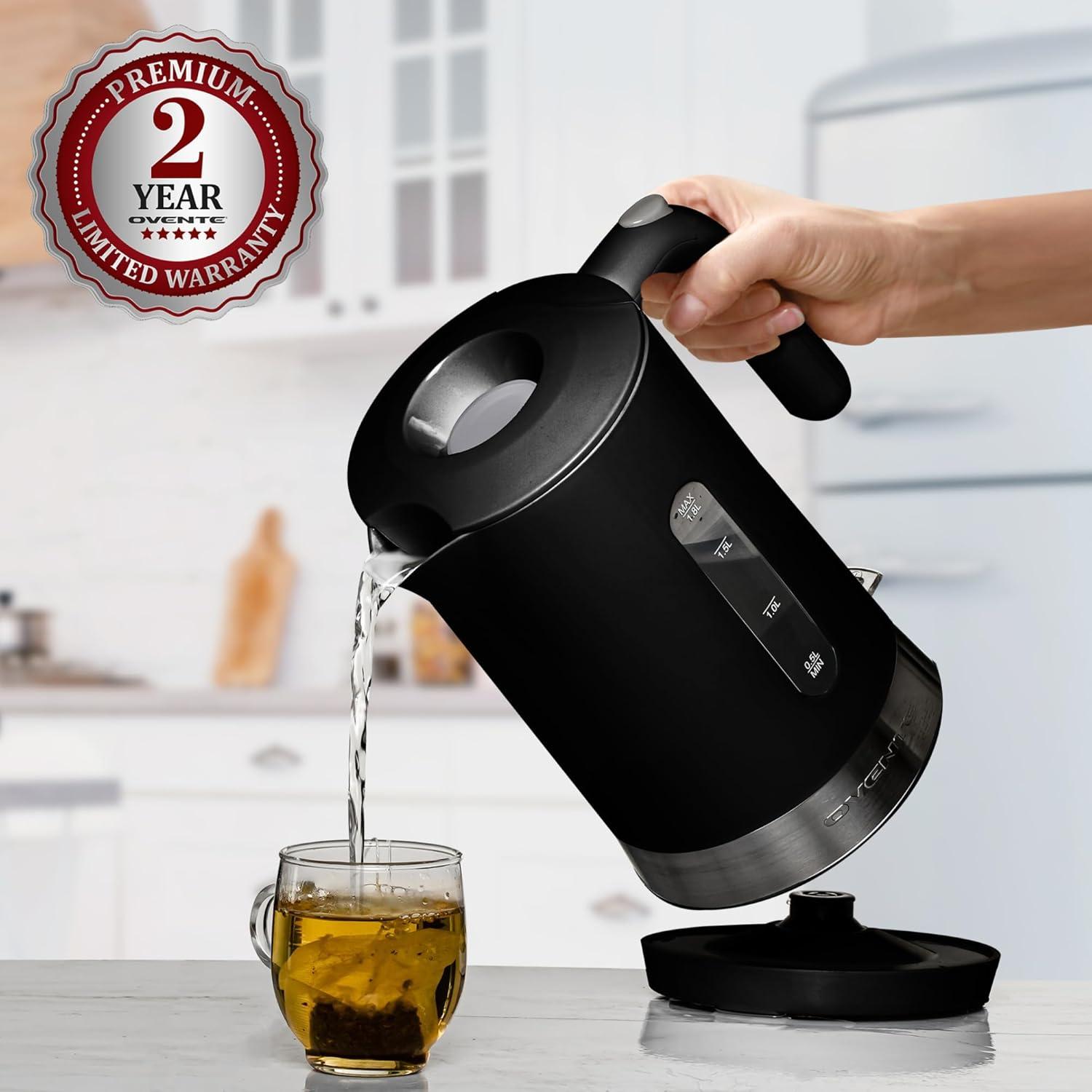 imageOVENTE 18L Electric Kettle 1500W Fast Boiling Heater for Coffee or Tea BPA Free Easy to Fill Lid Water Level Window Auto ShutOff BoilDry Protection and Removable Filter Green KP413GBlack