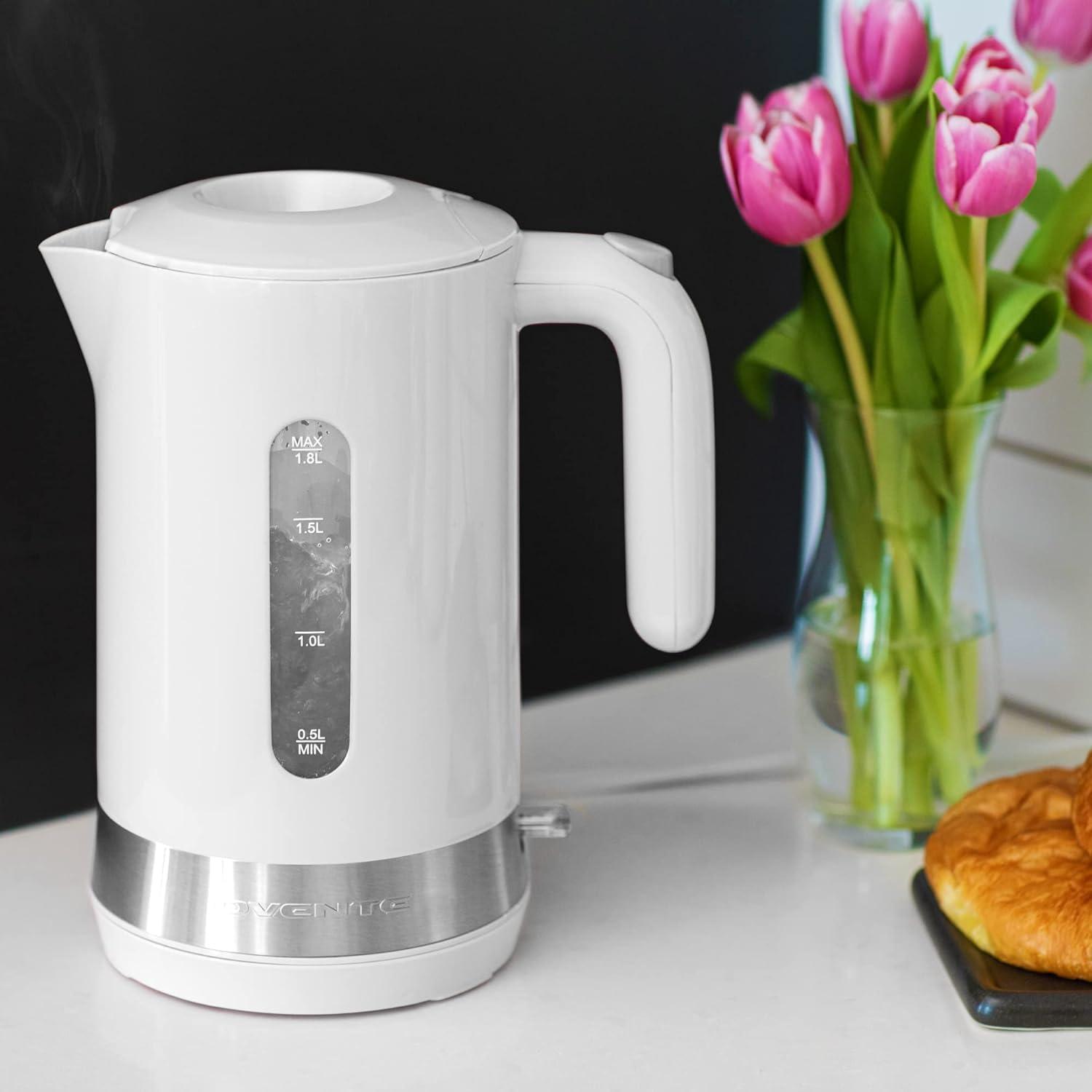 imageOVENTE 18L Electric Kettle 1500W Fast Boiling Heater for Coffee or Tea BPA Free Easy to Fill Lid Water Level Window Auto ShutOff BoilDry Protection and Removable Filter Green KP413GWhite