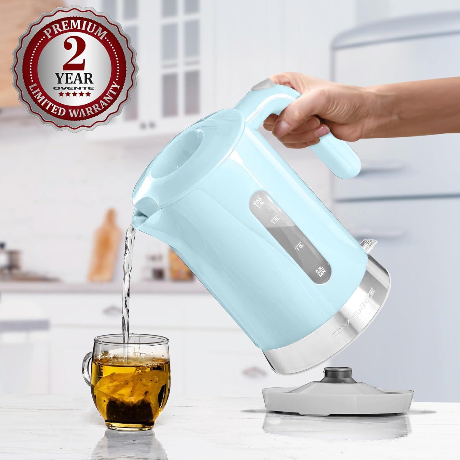 imageOVENTE 18L Electric Kettle 1500W Fast Boiling Heater for Coffee or Tea BPA Free Easy to Fill Lid Water Level Window Auto ShutOff BoilDry Protection and Removable Filter Green KP413GLight Blue