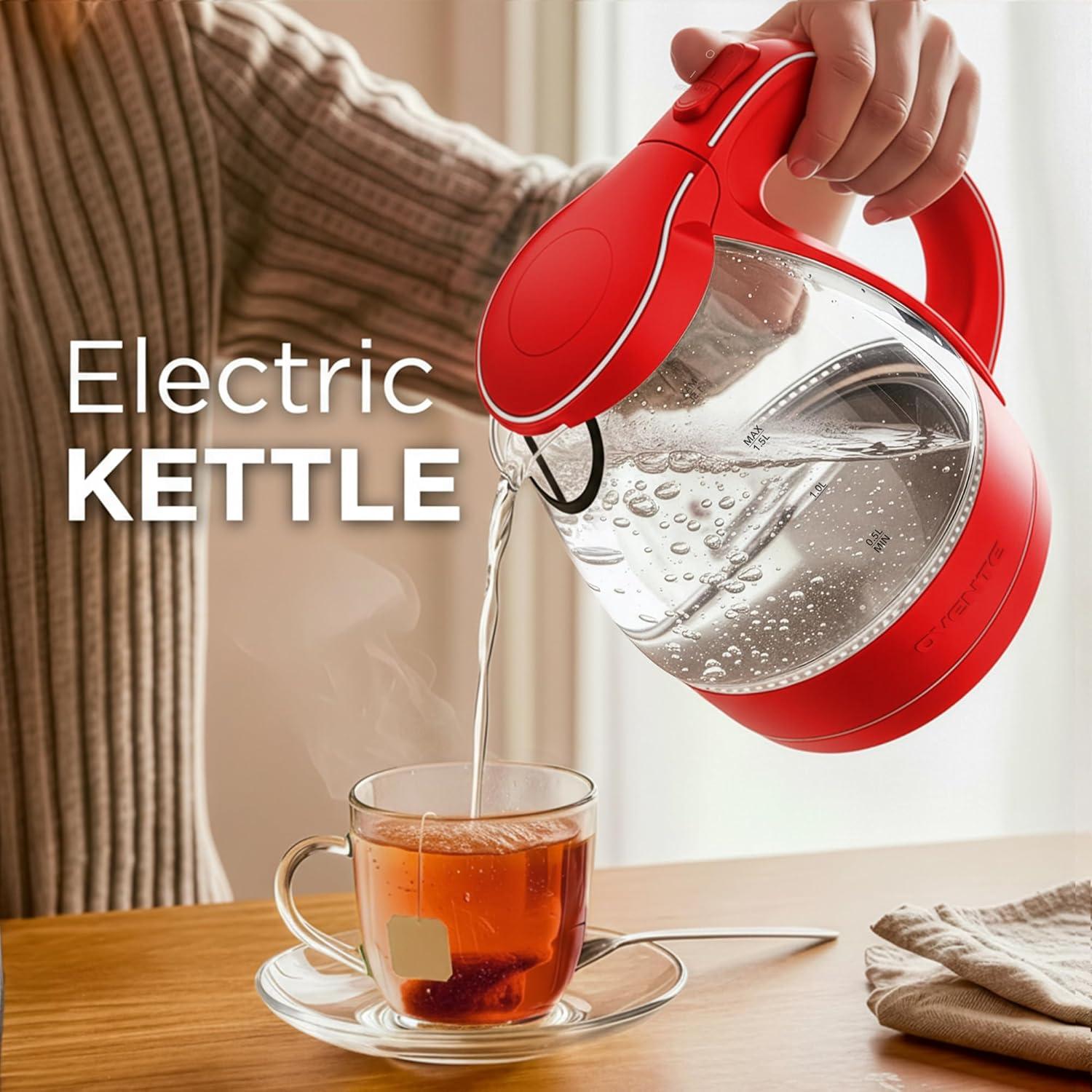 imageOVENTE Electric Kettle 15L Borosilicate Glass Countertop Water Heater and Boiler for Coffee or Tea BPAFree Auto ShutOff BoilDry Protection Removable and Washable Spout Filter Red KG83RRed