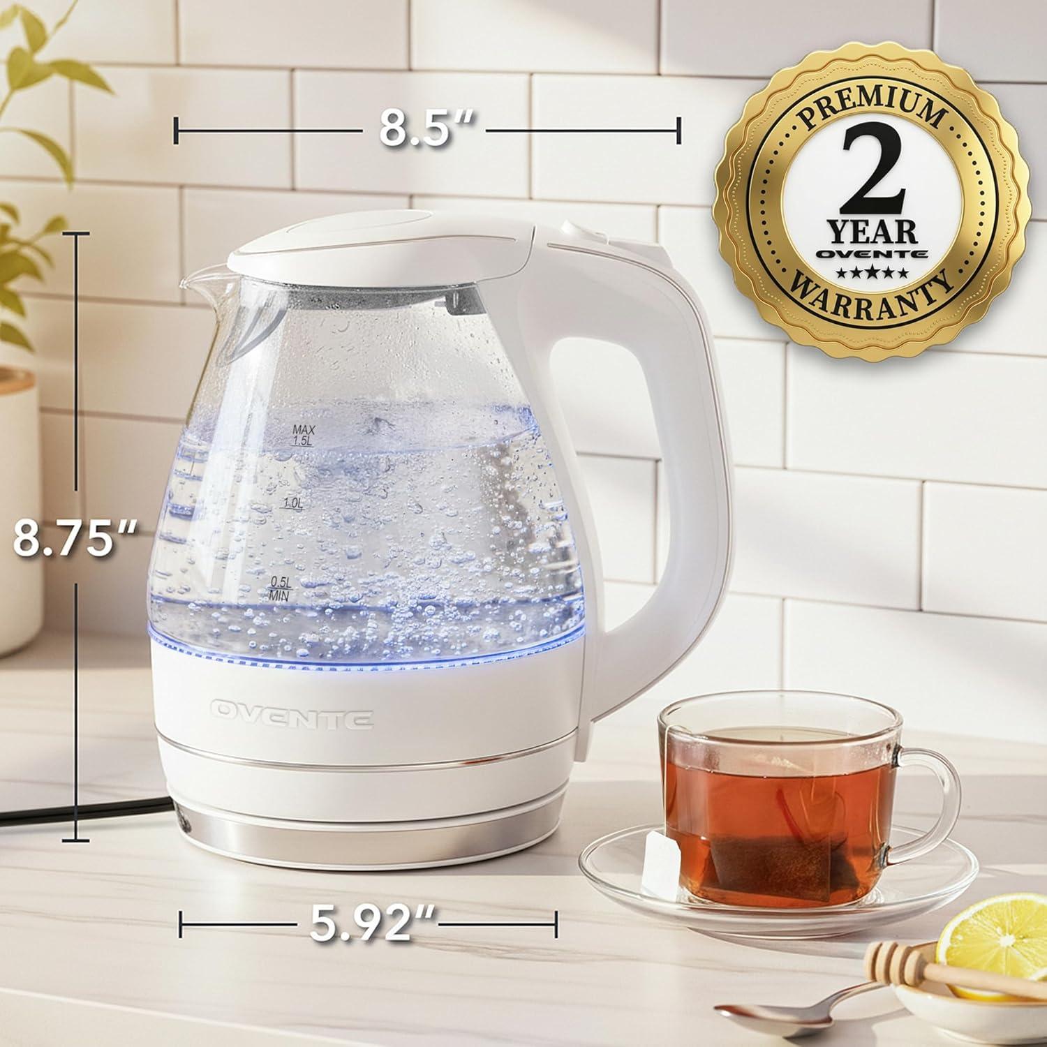 imageOVENTE Electric Kettle 15L Borosilicate Glass Countertop Water Heater and Boiler for Coffee or Tea BPAFree Auto ShutOff BoilDry Protection Removable and Washable Spout Filter Red KG83RWhite