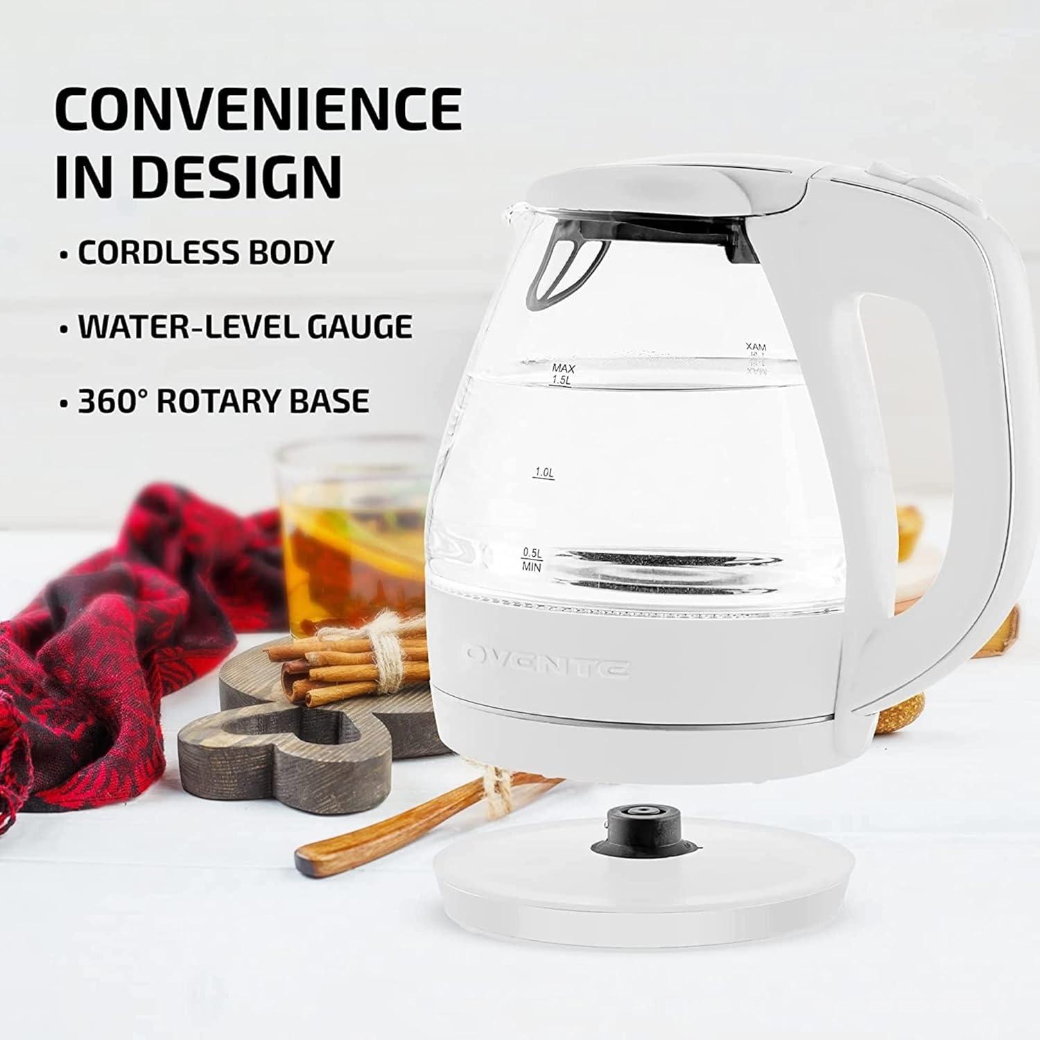 imageOVENTE Electric Kettle 15L Borosilicate Glass Countertop Water Heater and Boiler for Coffee or Tea BPAFree Auto ShutOff BoilDry Protection Removable and Washable Spout Filter Red KG83RWhite