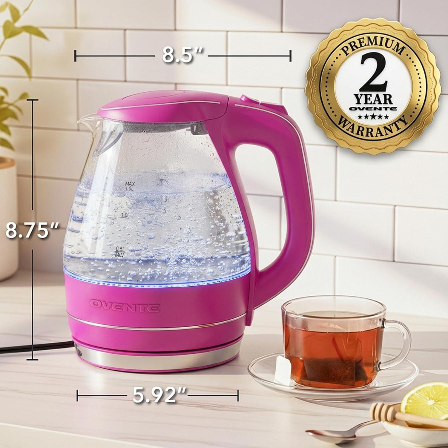imageOVENTE Electric Kettle 15L Borosilicate Glass Countertop Water Heater and Boiler for Coffee or Tea BPAFree Auto ShutOff BoilDry Protection Removable and Washable Spout Filter Red KG83RPink
