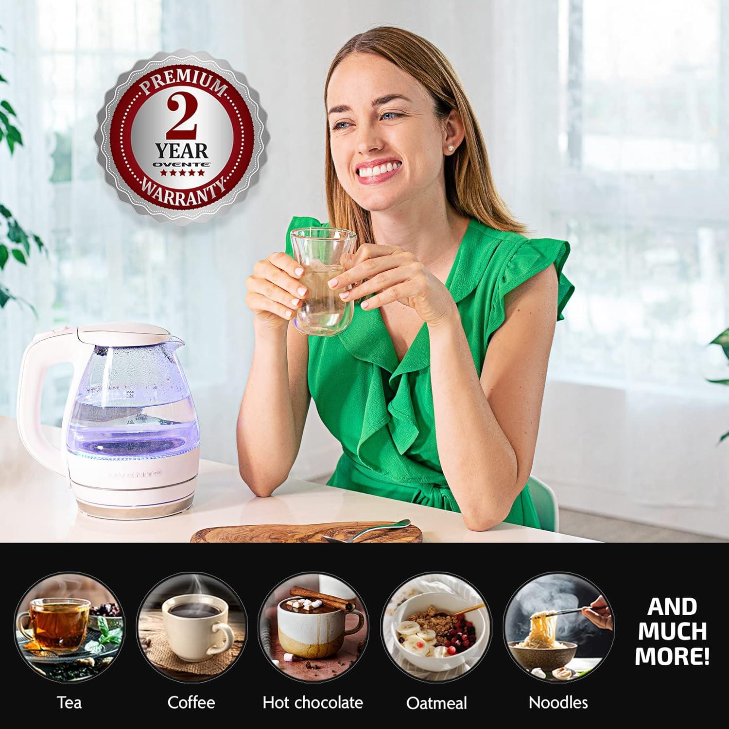 imageOVENTE Electric Kettle 15L Borosilicate Glass Countertop Water Heater and Boiler for Coffee or Tea BPAFree Auto ShutOff BoilDry Protection Removable and Washable Spout Filter Red KG83RWhite