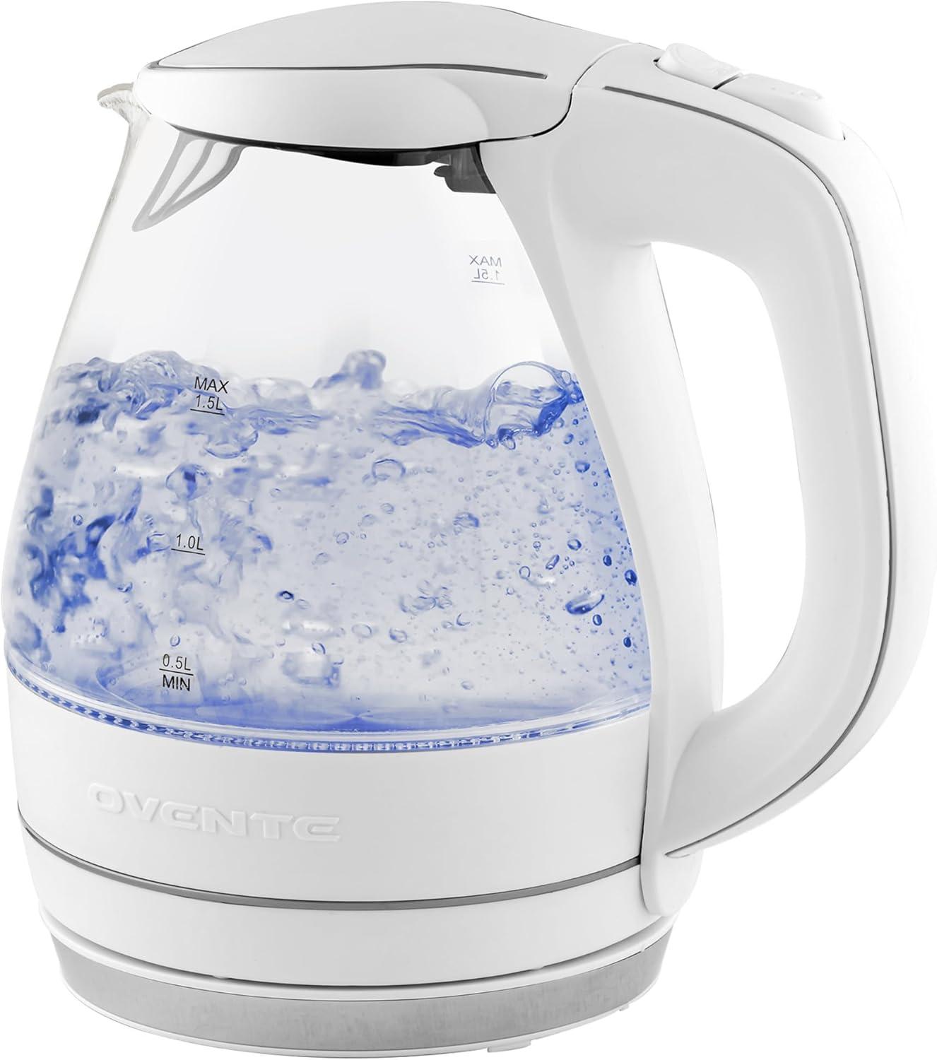 imageOVENTE Electric Kettle 15L Borosilicate Glass Countertop Water Heater and Boiler for Coffee or Tea BPAFree Auto ShutOff BoilDry Protection Removable and Washable Spout Filter Red KG83RWhite