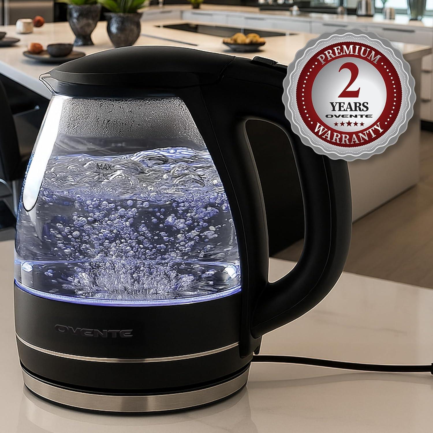 imageOVENTE Electric Kettle 15L Borosilicate Glass Countertop Water Heater and Boiler for Coffee or Tea BPAFree Auto ShutOff BoilDry Protection Removable and Washable Spout Filter Red KG83RBlack
