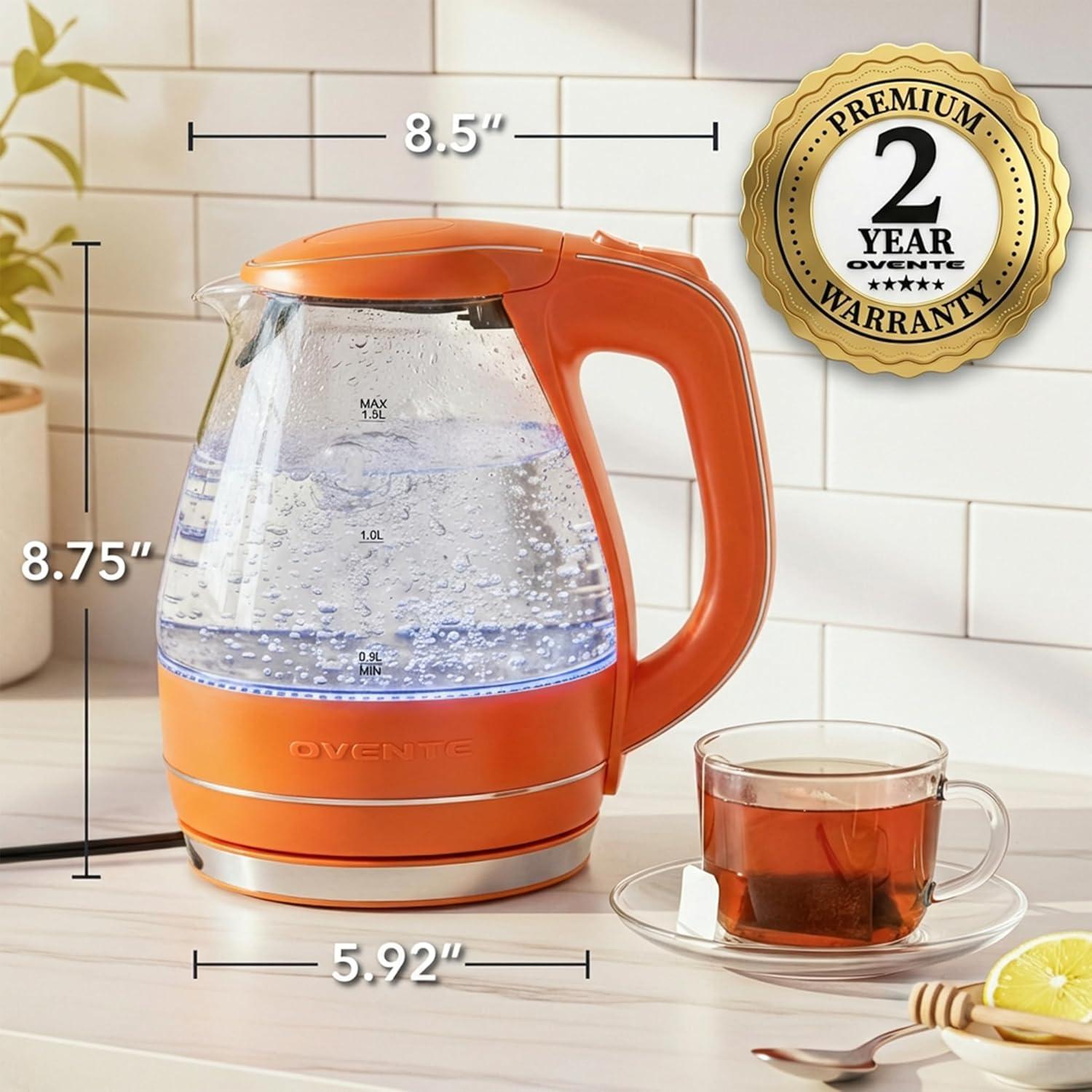 imageOVENTE Electric Kettle 15L Borosilicate Glass Countertop Water Heater and Boiler for Coffee or Tea BPAFree Auto ShutOff BoilDry Protection Removable and Washable Spout Filter Red KG83ROrange
