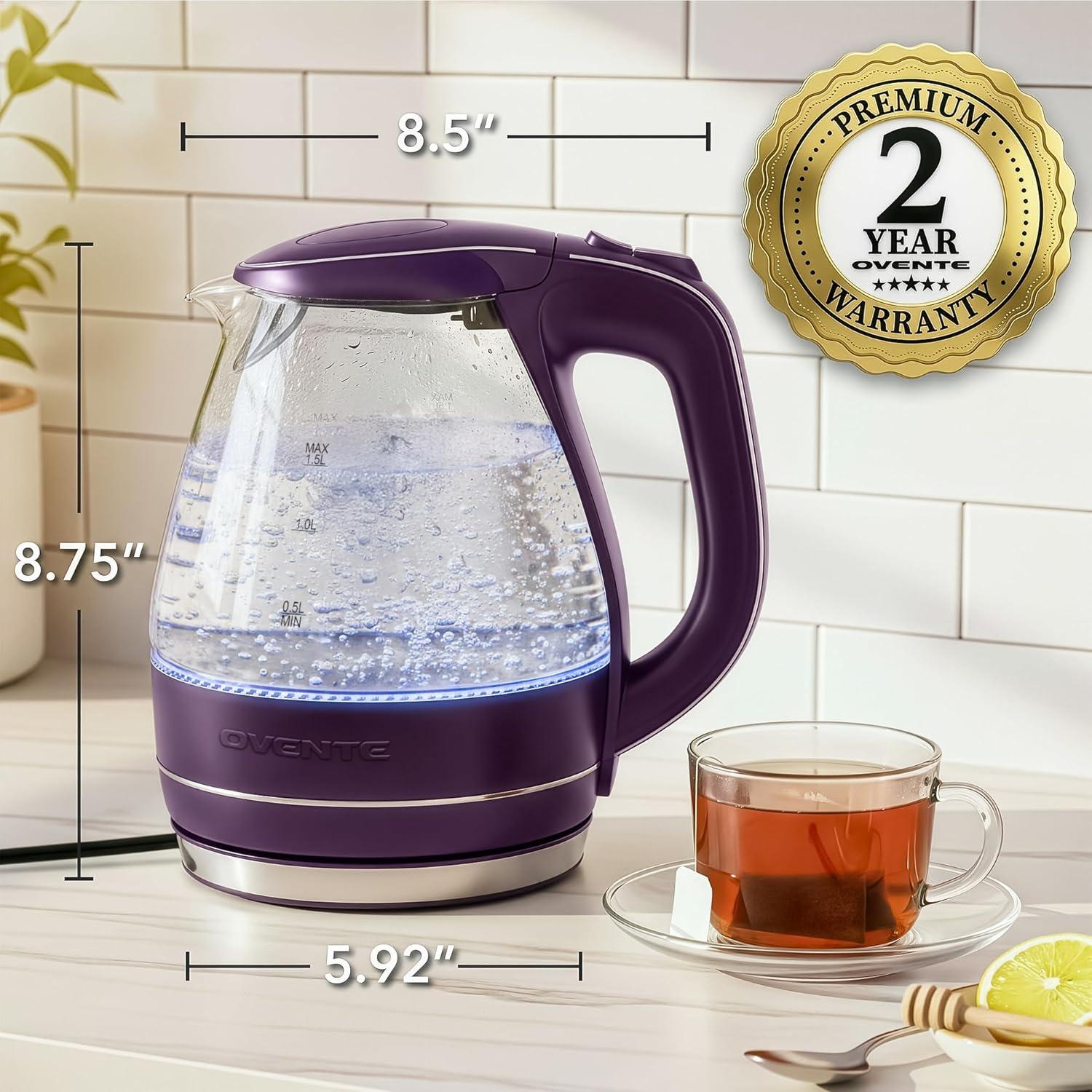 imageOVENTE Electric Kettle 15L Borosilicate Glass Countertop Water Heater and Boiler for Coffee or Tea BPAFree Auto ShutOff BoilDry Protection Removable and Washable Spout Filter Red KG83RPurple