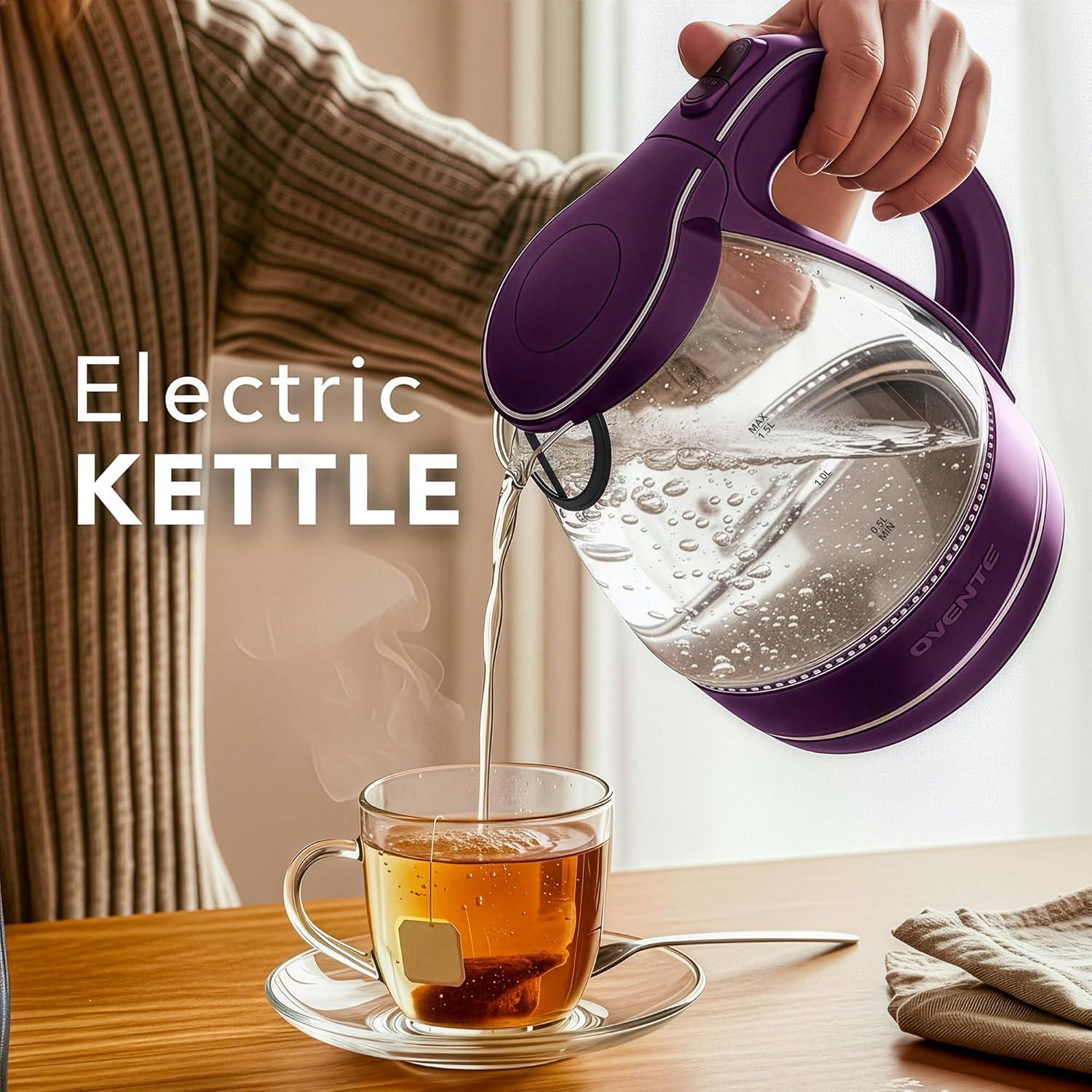imageOVENTE Electric Kettle 15L Borosilicate Glass Countertop Water Heater and Boiler for Coffee or Tea BPAFree Auto ShutOff BoilDry Protection Removable and Washable Spout Filter Red KG83RPurple