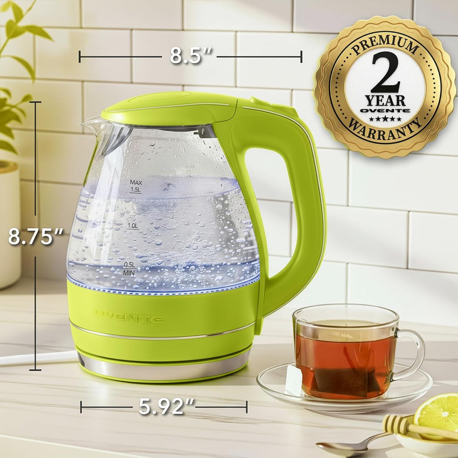 imageOVENTE Electric Kettle 15L Borosilicate Glass Countertop Water Heater and Boiler for Coffee or Tea BPAFree Auto ShutOff BoilDry Protection Removable and Washable Spout Filter Red KG83RGreen