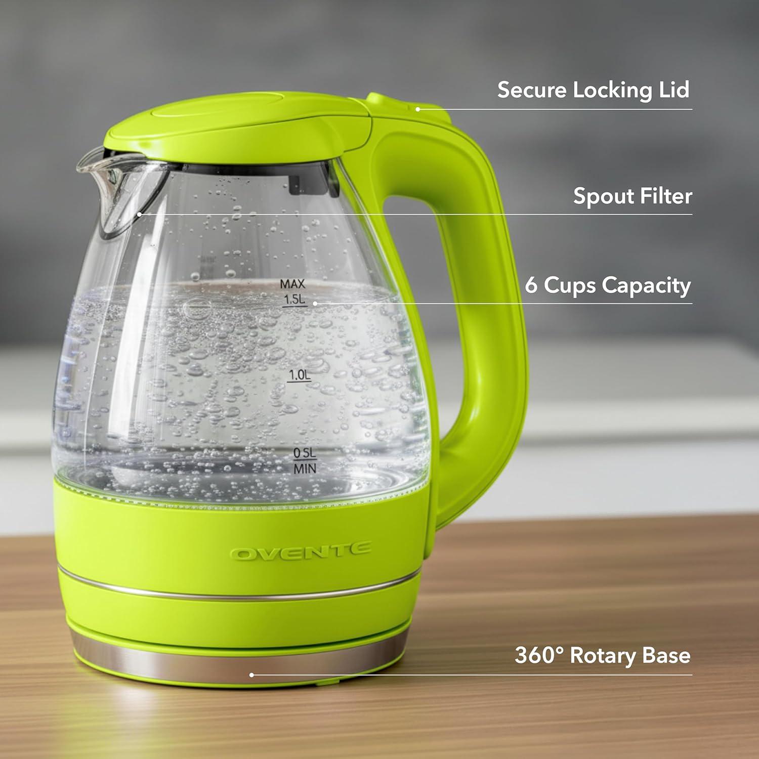 imageOVENTE Electric Kettle 15L Borosilicate Glass Countertop Water Heater and Boiler for Coffee or Tea BPAFree Auto ShutOff BoilDry Protection Removable and Washable Spout Filter Red KG83RGreen