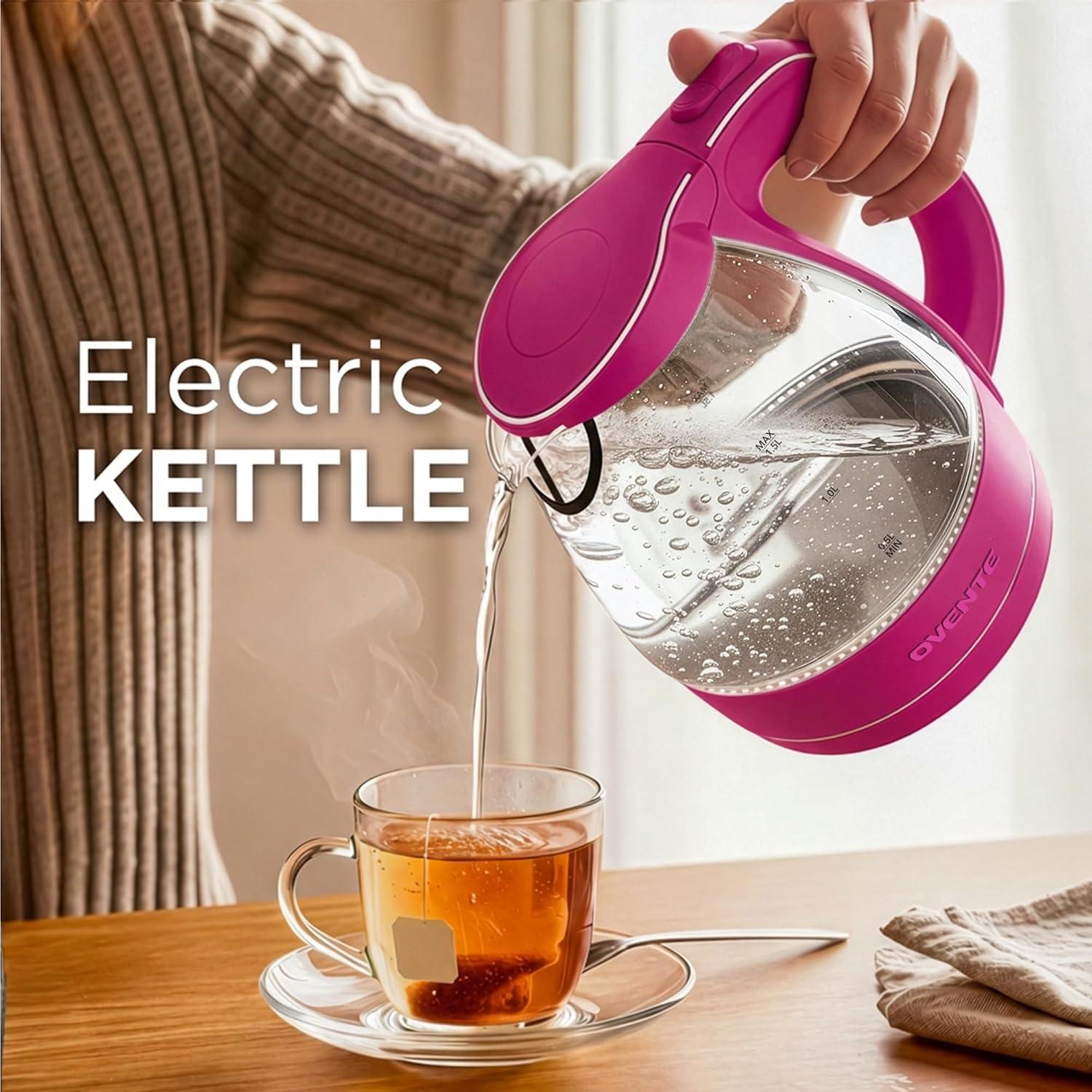 imageOVENTE Electric Kettle 15L Borosilicate Glass Countertop Water Heater and Boiler for Coffee or Tea BPAFree Auto ShutOff BoilDry Protection Removable and Washable Spout Filter Red KG83RPink