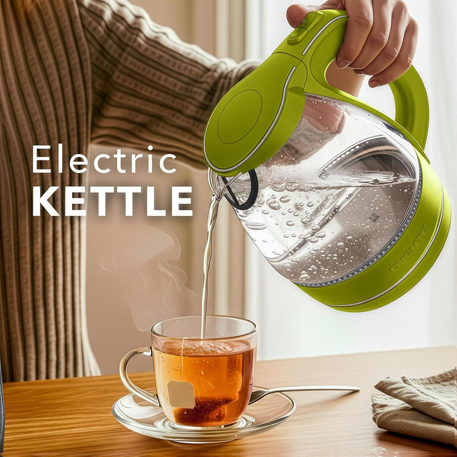 imageOVENTE Electric Kettle 15L Borosilicate Glass Countertop Water Heater and Boiler for Coffee or Tea BPAFree Auto ShutOff BoilDry Protection Removable and Washable Spout Filter Red KG83RGreen