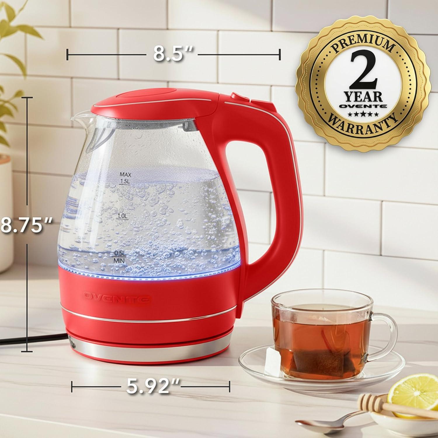 imageOVENTE Electric Kettle 15L Borosilicate Glass Countertop Water Heater and Boiler for Coffee or Tea BPAFree Auto ShutOff BoilDry Protection Removable and Washable Spout Filter Red KG83RRed