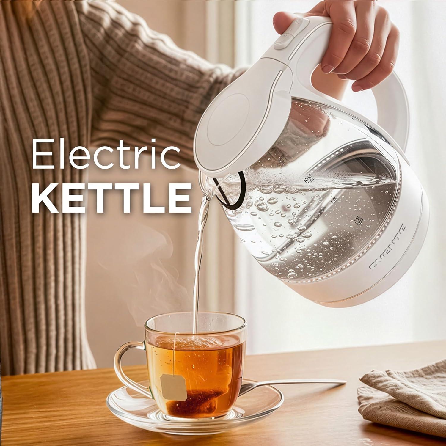 imageOVENTE Electric Kettle 15L Borosilicate Glass Countertop Water Heater and Boiler for Coffee or Tea BPAFree Auto ShutOff BoilDry Protection Removable and Washable Spout Filter Red KG83RWhite