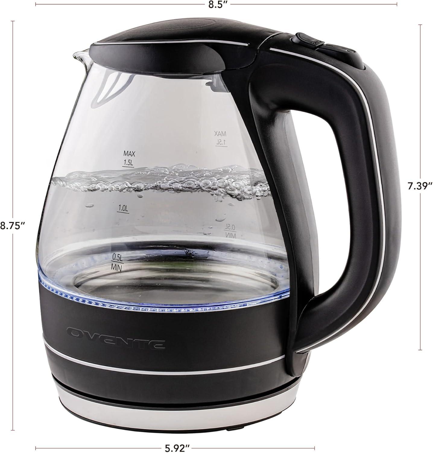 imageOVENTE Electric Kettle 15L Borosilicate Glass Countertop Water Heater and Boiler for Coffee or Tea BPAFree Auto ShutOff BoilDry Protection Removable and Washable Spout Filter Red KG83RBlack