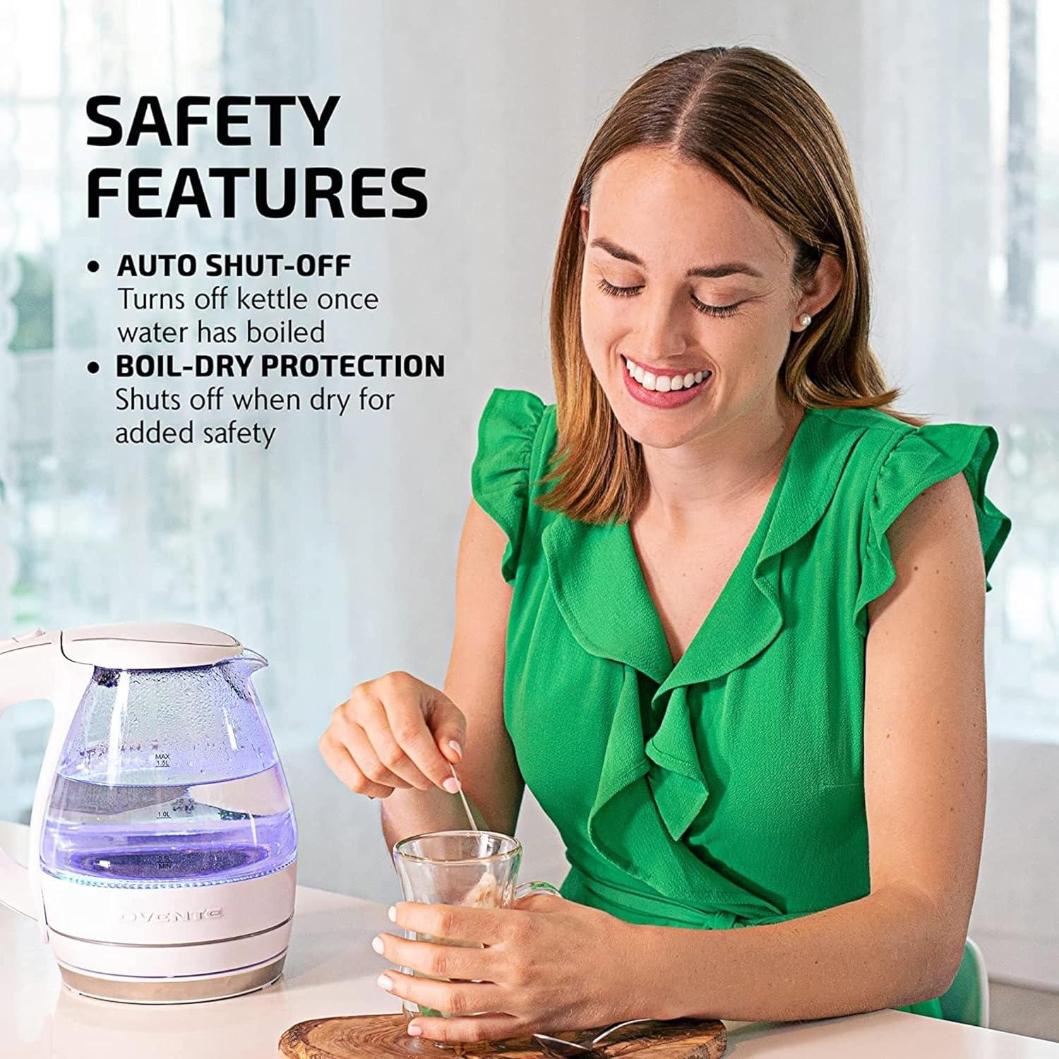 imageOVENTE Electric Kettle 15L Borosilicate Glass Countertop Water Heater and Boiler for Coffee or Tea BPAFree Auto ShutOff BoilDry Protection Removable and Washable Spout Filter Red KG83RWhite